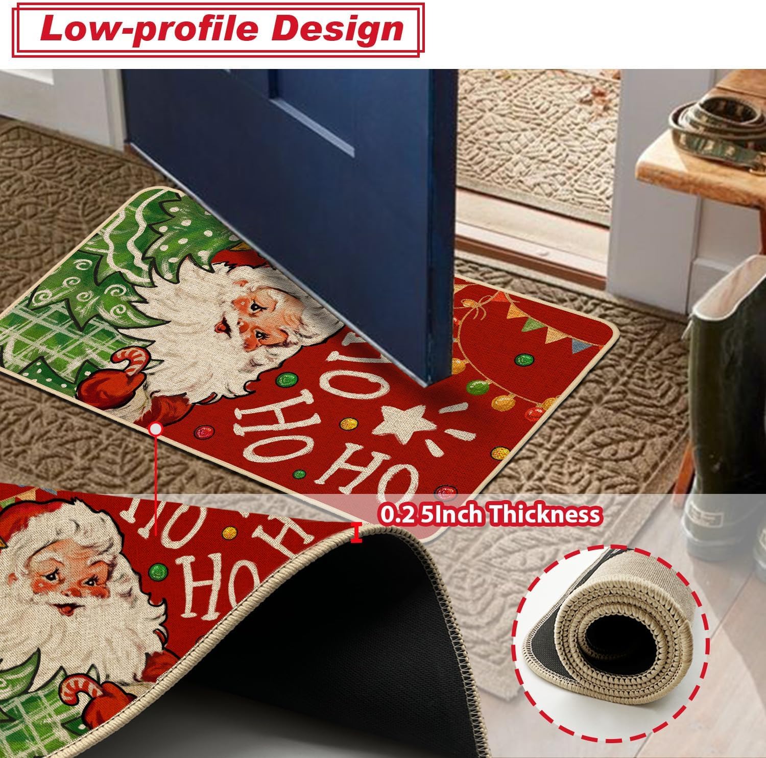 Baccessor Christmas Kitchen Rugs Set of 2, Santa Claus Snowman Red Kitchen Mats for Floor Hallway Laundry Sink Low-Profile Winter Holiday Home Decor 17x29 and 17x47 Inch
