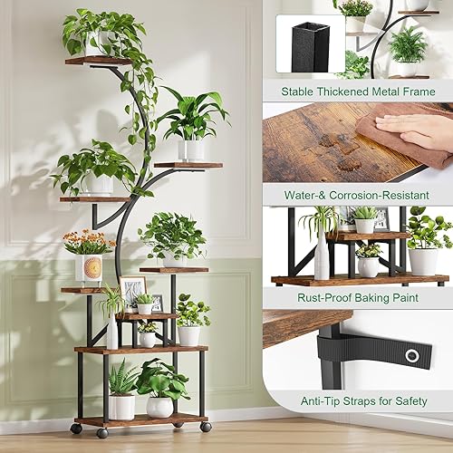 Miniatura 3 de LotFun Soporte para plantas de interior con luces de crecimiento, estante grande de metal de 8 niveles con ruedas y almohadilla para pies, soporte