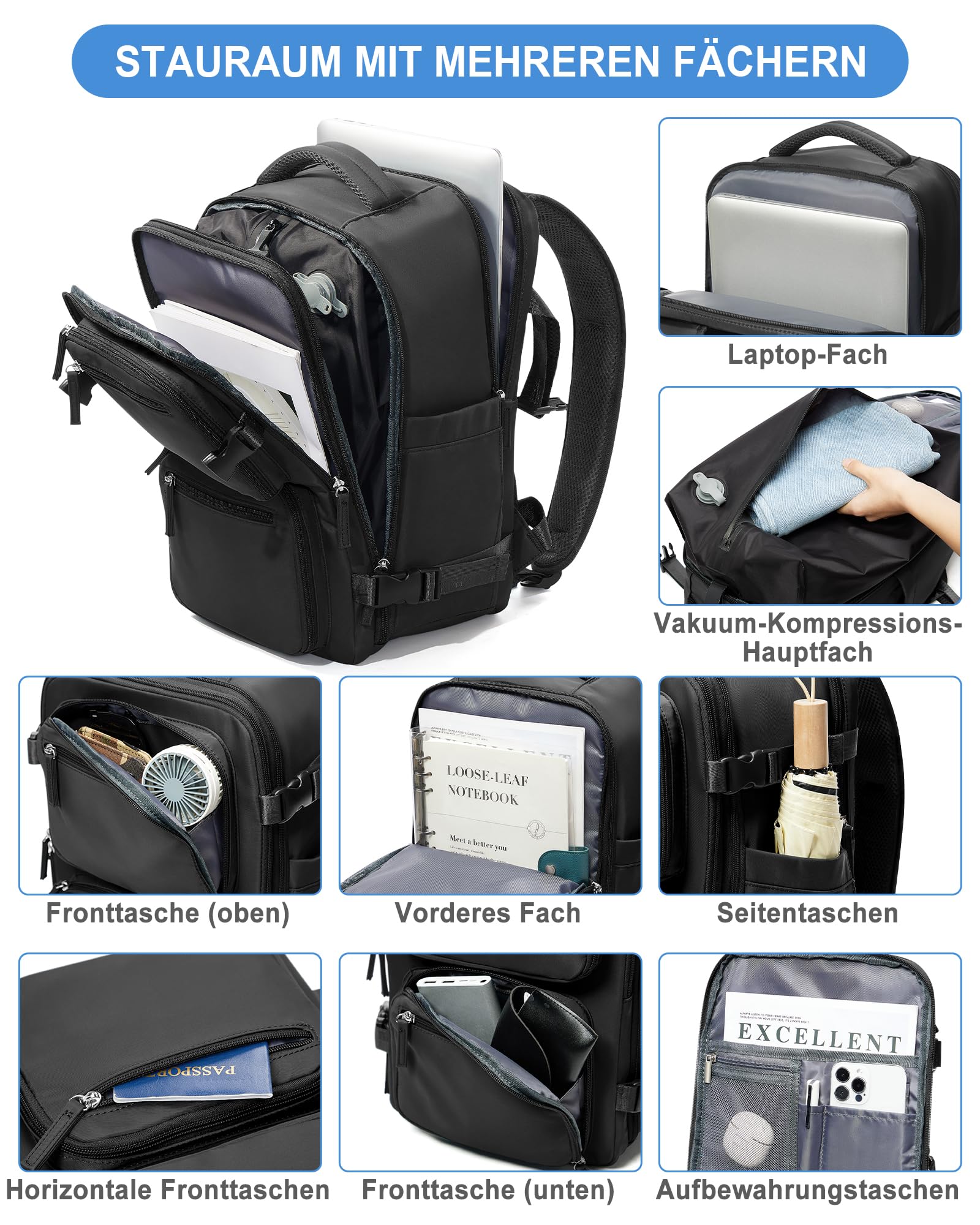 suradar Vakuum Rucksack Handgepäck Vacpack, Ryanair Handgepäck 40x20x25 Vakuum Backpack Travel Airbag Rucksack mit Vakuumsystem, Vacuum Backpack mit Luftpumpe für Flugzeug Herren Damen Schwarz