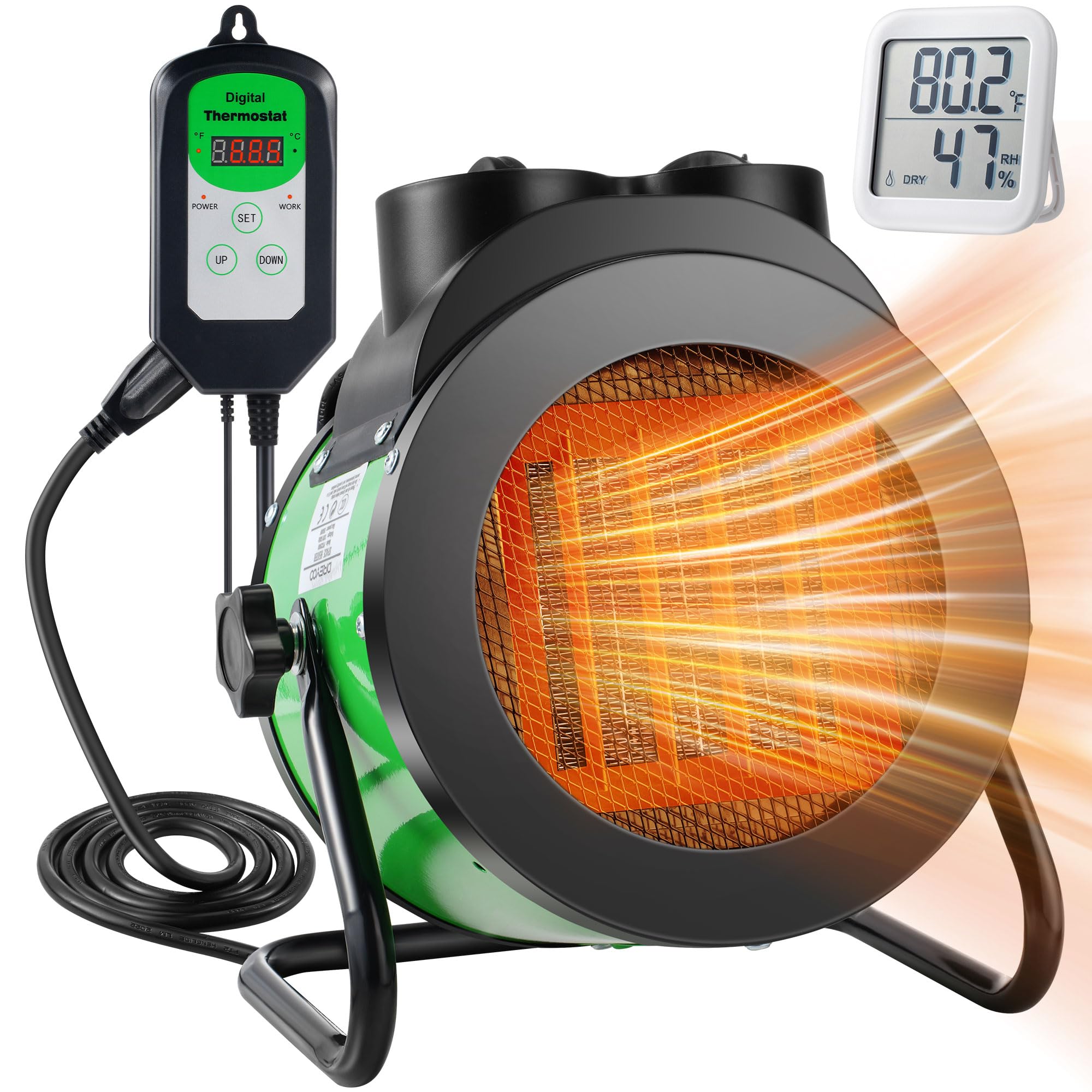 Dreyoo Greenhouse Heater Fan with Digital Thermostat, 2000W Quick Heating for Grow Tent Seed Germination, Electric Garage Warmer, Indoor Outdoor Heater, Suitable for 120 Square Feet(Green)