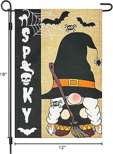 Miniatura 8 de Vigor Home Bandera de jardín de arpillera de brujas de gnomo espeluznante de Halloween de doble cara de 12 x 18 pulgadas, bandera divertida de otoño