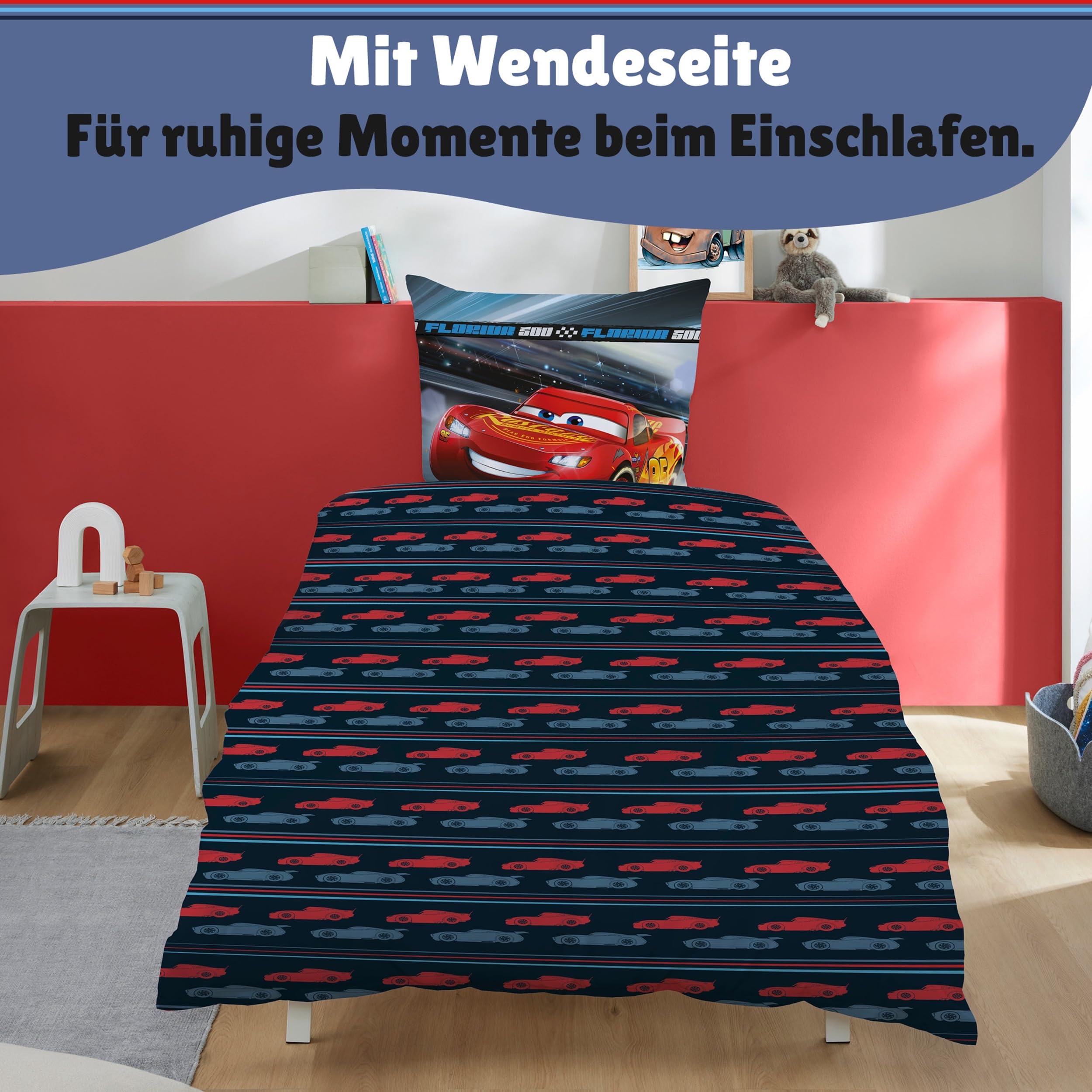 Familando – Disney Cars Warme Fleece Bettwäsche Set – Decken- & Kissenbezug 135x200 cm & 80x80 cm mit Reißverschluss – Wendemotiv mit Lightning McQueen, Cruz Ramirez & Jackson Storm – Öko-TEX Zert.
