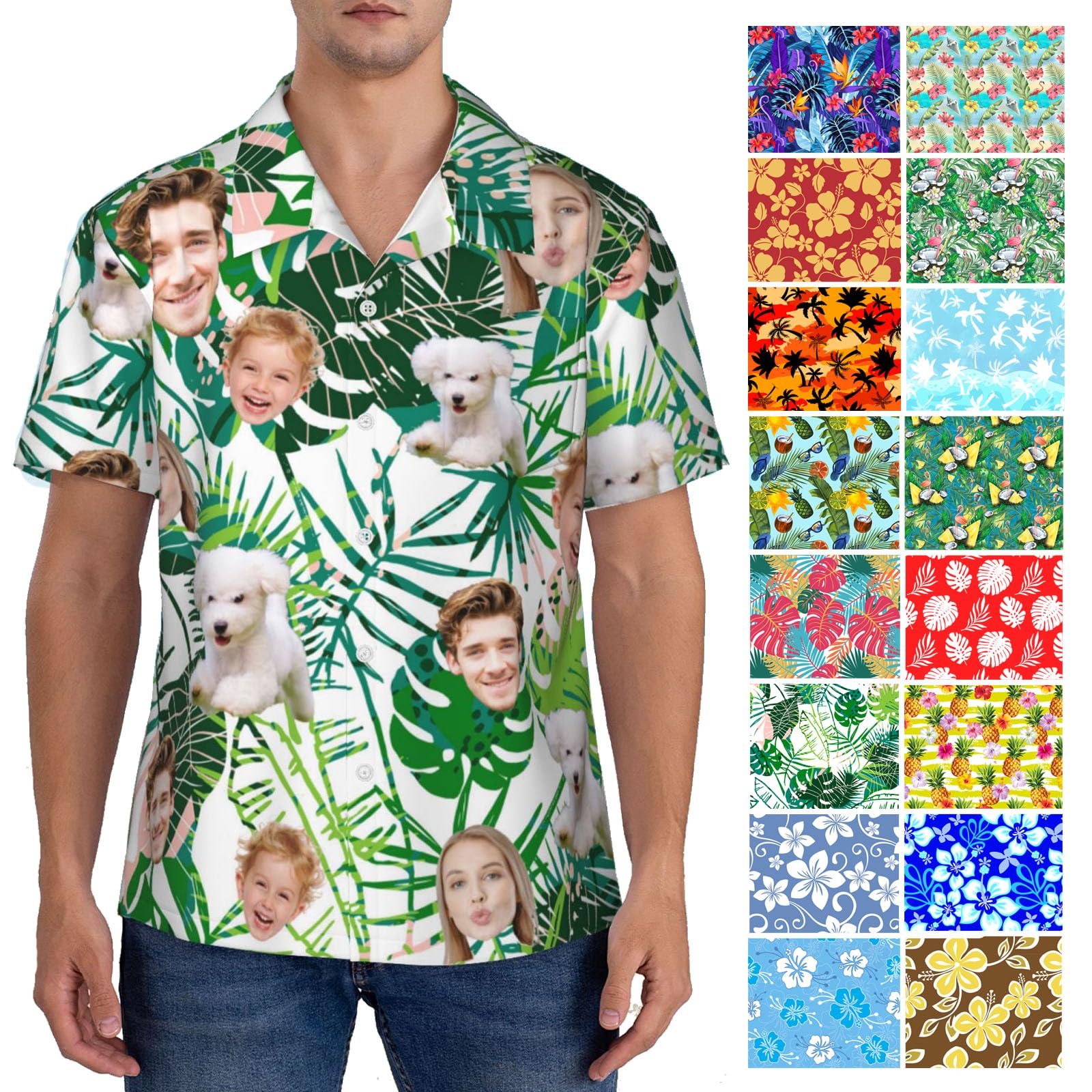 Custom Hawaiian Shirt with 4 3 2 Pet Face Photos Personalized Hawaiian Summer Beach Shirts for Men Button Down Short Sleeve
