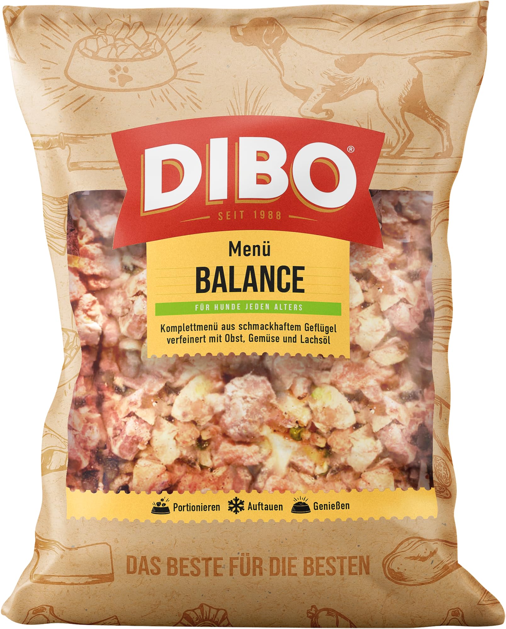 DIBO Menü Balance BARF Hundefutter 12kg (6x 2000g) – Getreidefreies Frostfutter mit Huhn, Gemüse & Lachsöl – Alleinfuttermittel für sensible Hunde & Allergiker – Artgerechtes Rohfutter frisch gefroren
