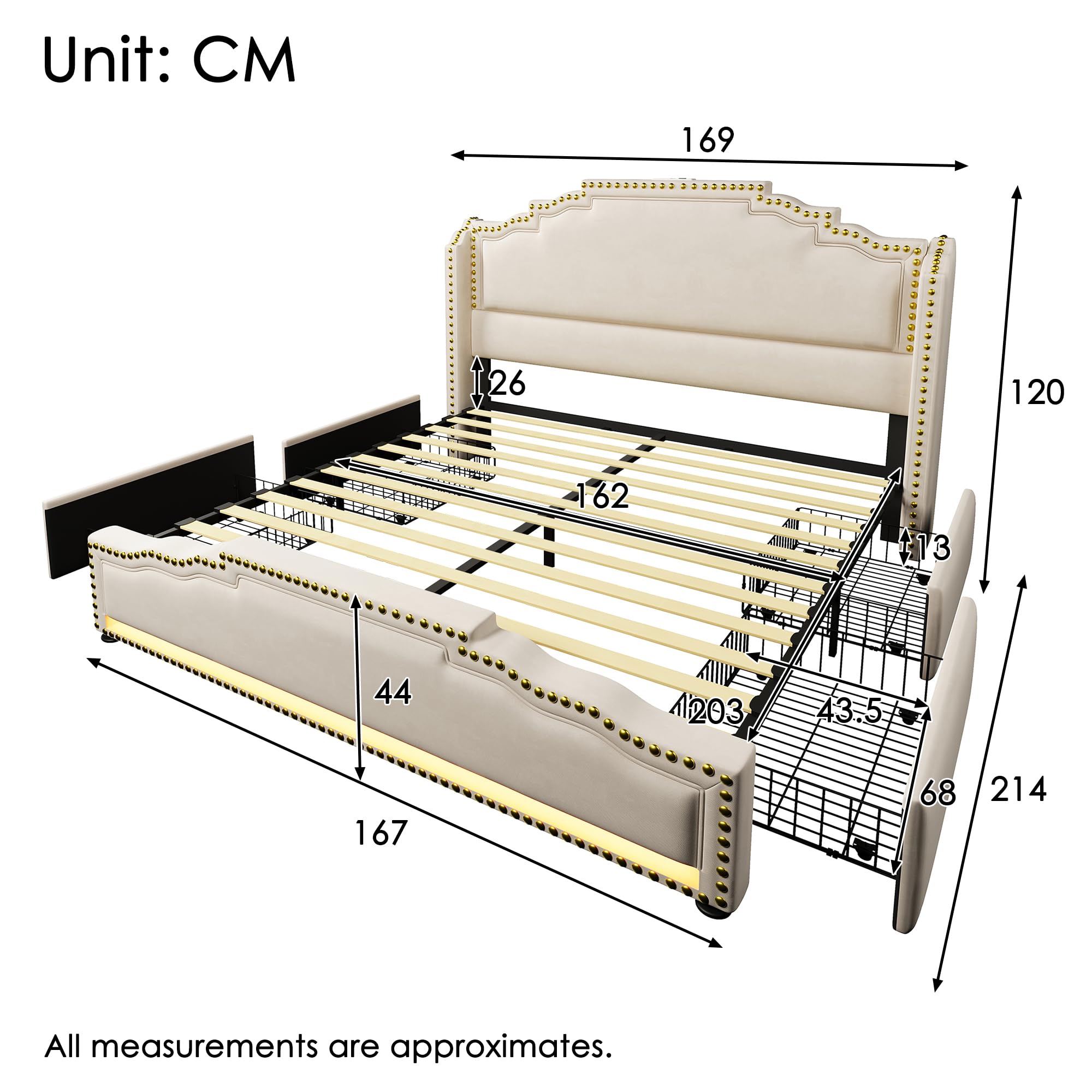 Letto contenitore 160x200 cm, testiera contenitore con porta di ricarica USB e illuminazione LED, 1 cassetto, letto matrimoniale con contenitore idraulico, rete a doghe, velluto, Beige