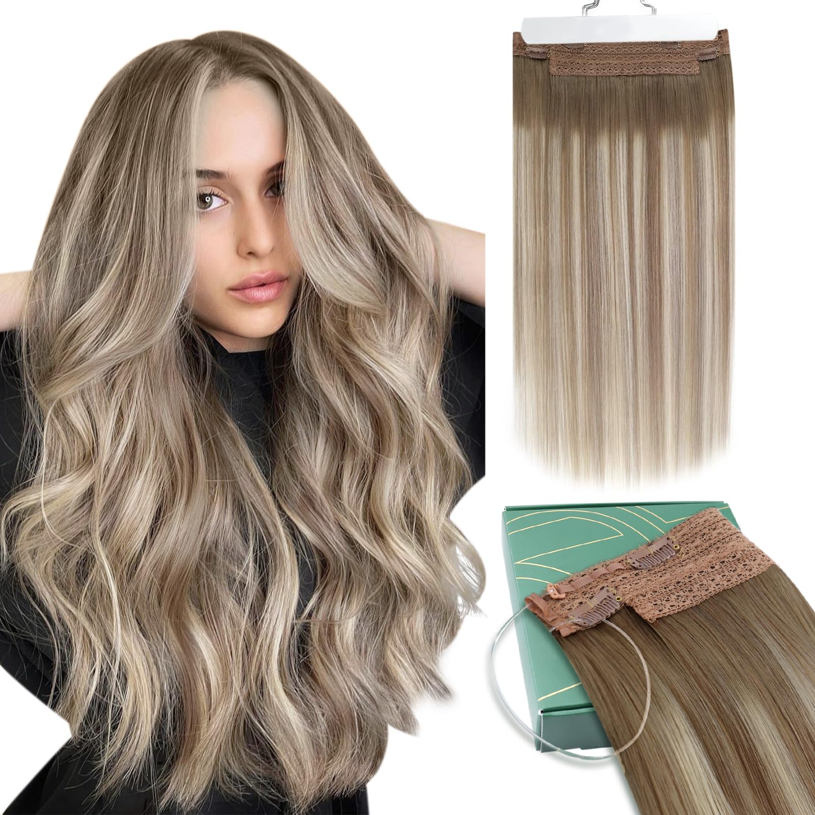 Ugeat Halo Hair Extensions Human Hair Balayage Invisible Wire Hair Extensions Light Brown Mix Platinum Blonde Balayage Halo Extensions Real Human Hair Extensions 18 Inch 80g
