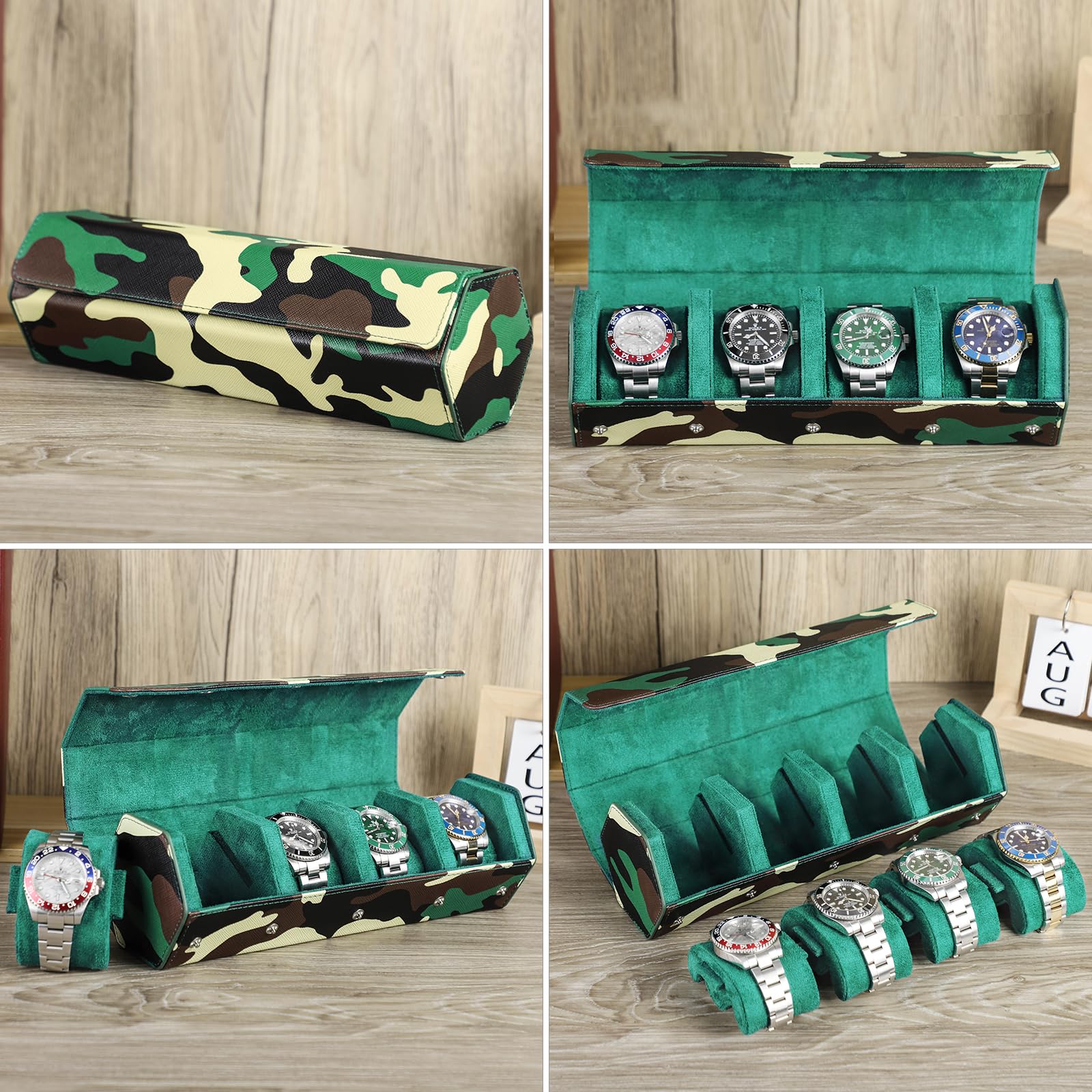 Caja para Relojes de Cuero Hexagonal Hiram, Estuche de Almacenamiento para 4 Relojes con Estampado de Camuflaje, Organizador de Relojes de Cuero antiarañazos Hecho a Mano.