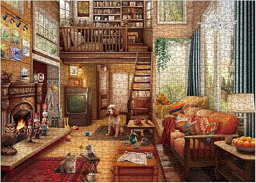 Miniatura 1 de Rompecabezas de cabaña del bosque para adultos, divertido rompecabezas de perro y gato de 1000 piezas, rompecabezas de la naturaleza de verano para