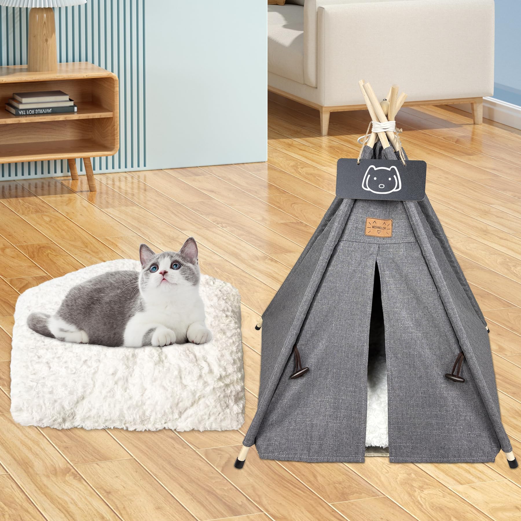 Whiwhi Huisdieren tipi hondentent met dik kussen katten/hondenbed afneembaar en wasbaar puppy's speelhuis katten tenten 50 x 50 x 60 cm