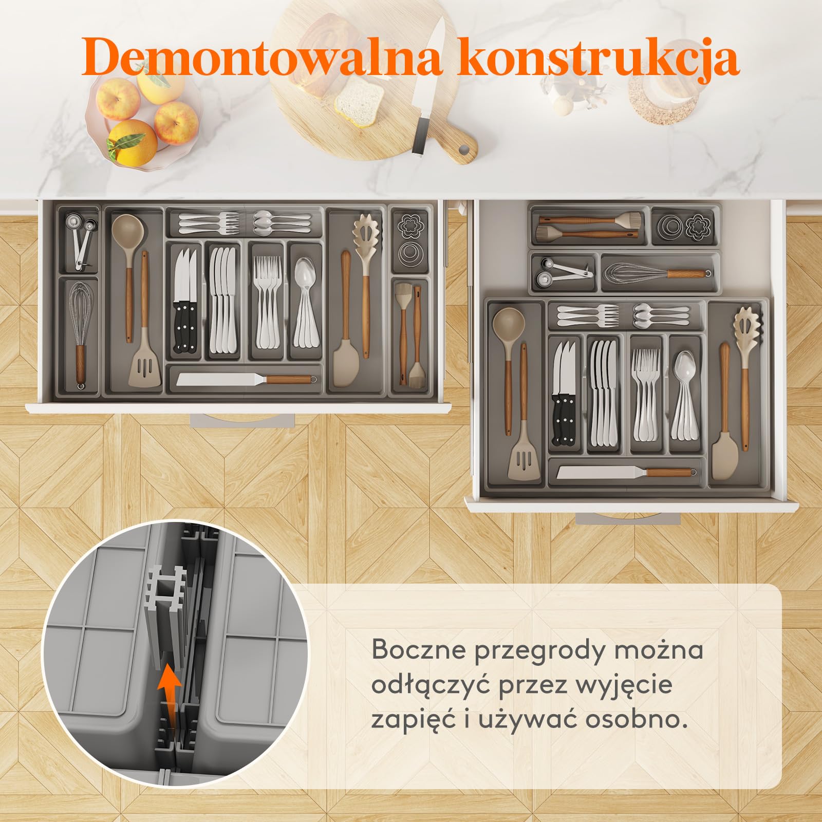 Lifewit Pojemnik na sztućce, wkład na sztućce 816 x 420 mm, do szuflady 90, zdejmowany uchwyt na przybory kuchenne, uchwyt na sztućce z tworzywa sztucznego, wkład do szuflad, organizer kuchenny na
