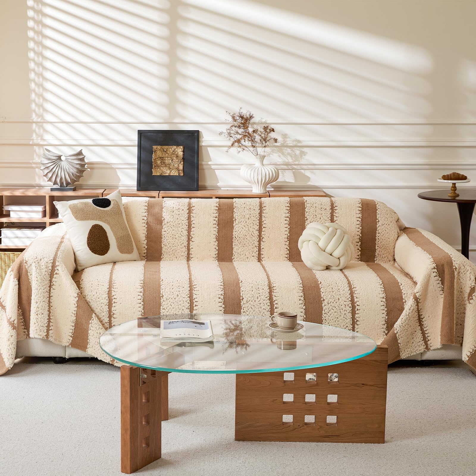 LiveGo Thick Plush Wool Sofa Cover for 3 Seater, Soft Fuzzy Faux Rabbit Fur Non-Slip Slipcover, All-Season Washable Couch Protector for Dogs, L Shaped Sofa Cover (Plush Coffee, 180×380 cm) — image 1
