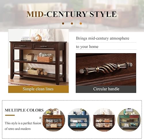 Miniatura 8 de RUNNA Mesa de sofá consola con 2 cajones de almacenamiento y estantes de 2 niveles, aparador de madera maciza para sala de estar, muebles, cocina,