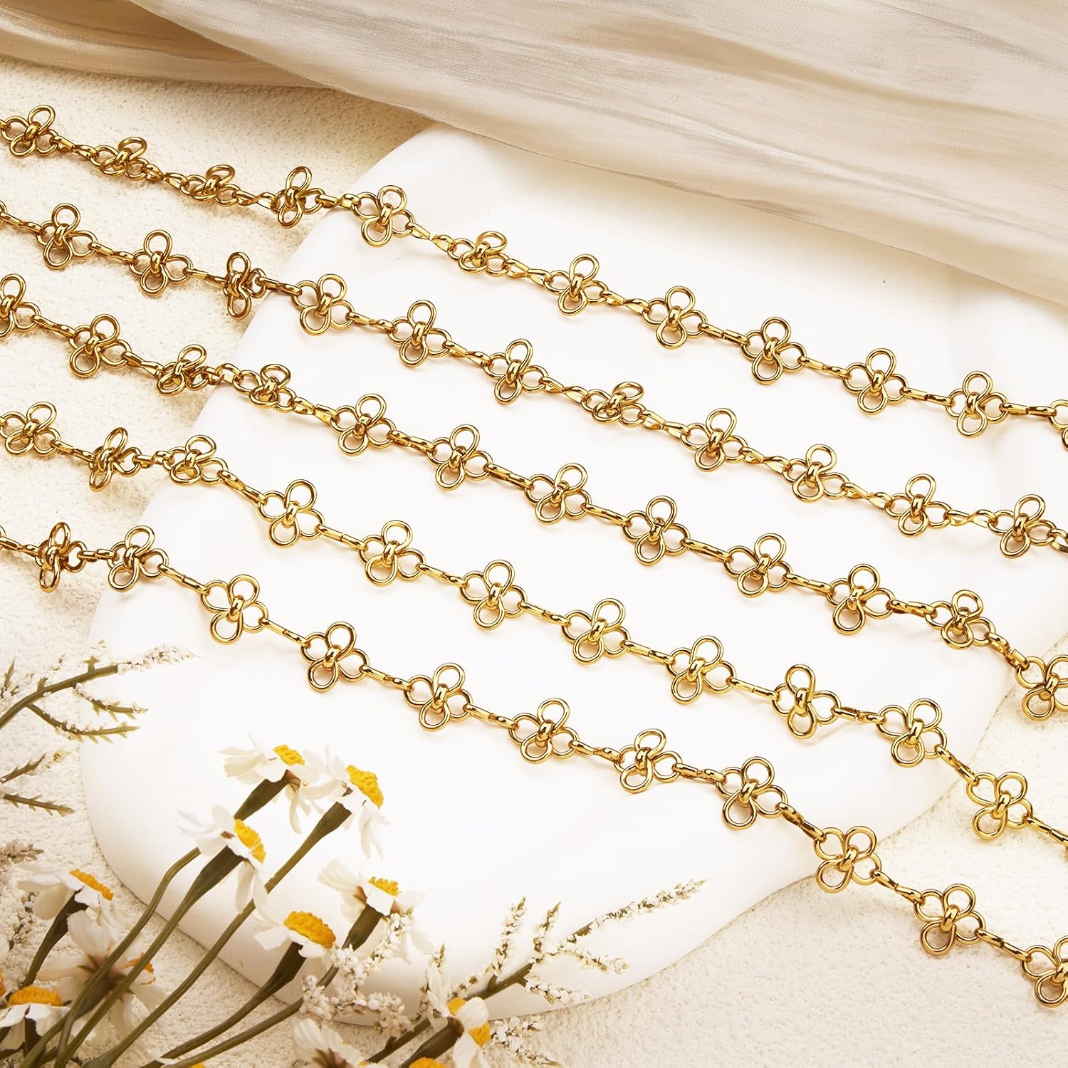 YOUBEIYEE 2 Meters Gold Plated Chains for Jewelry Making Stainless Steel Flower Chain Roll with Jump Rings and Lobster Clasps - Image 5