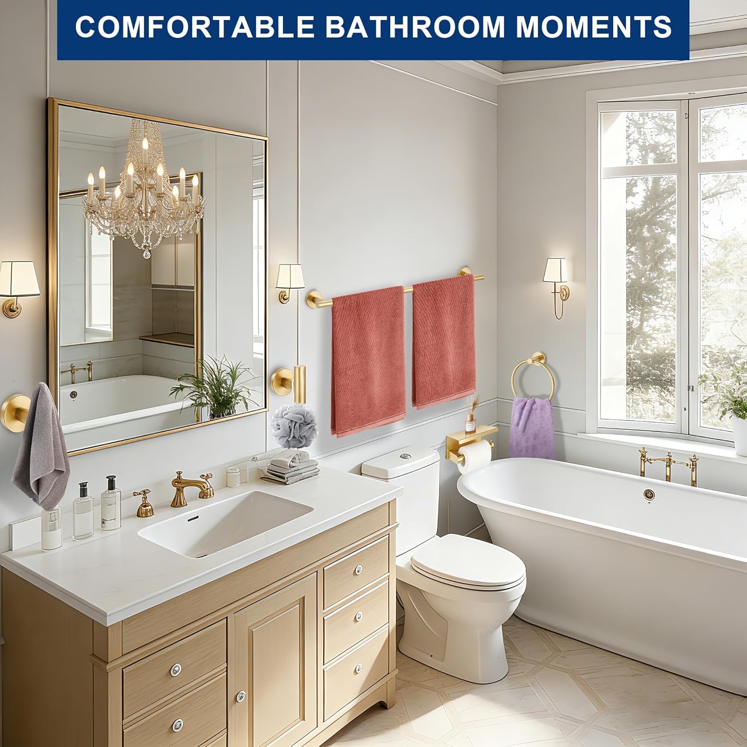 5 Pieces Bathroom Hardware Accessories Set Brushed Gold, 24Inch Bathroom Towel Rack Set SUS304 Stainless Steel, Round Toilet Paper Holder with Shelf Heavy Duty, Wall Mounted