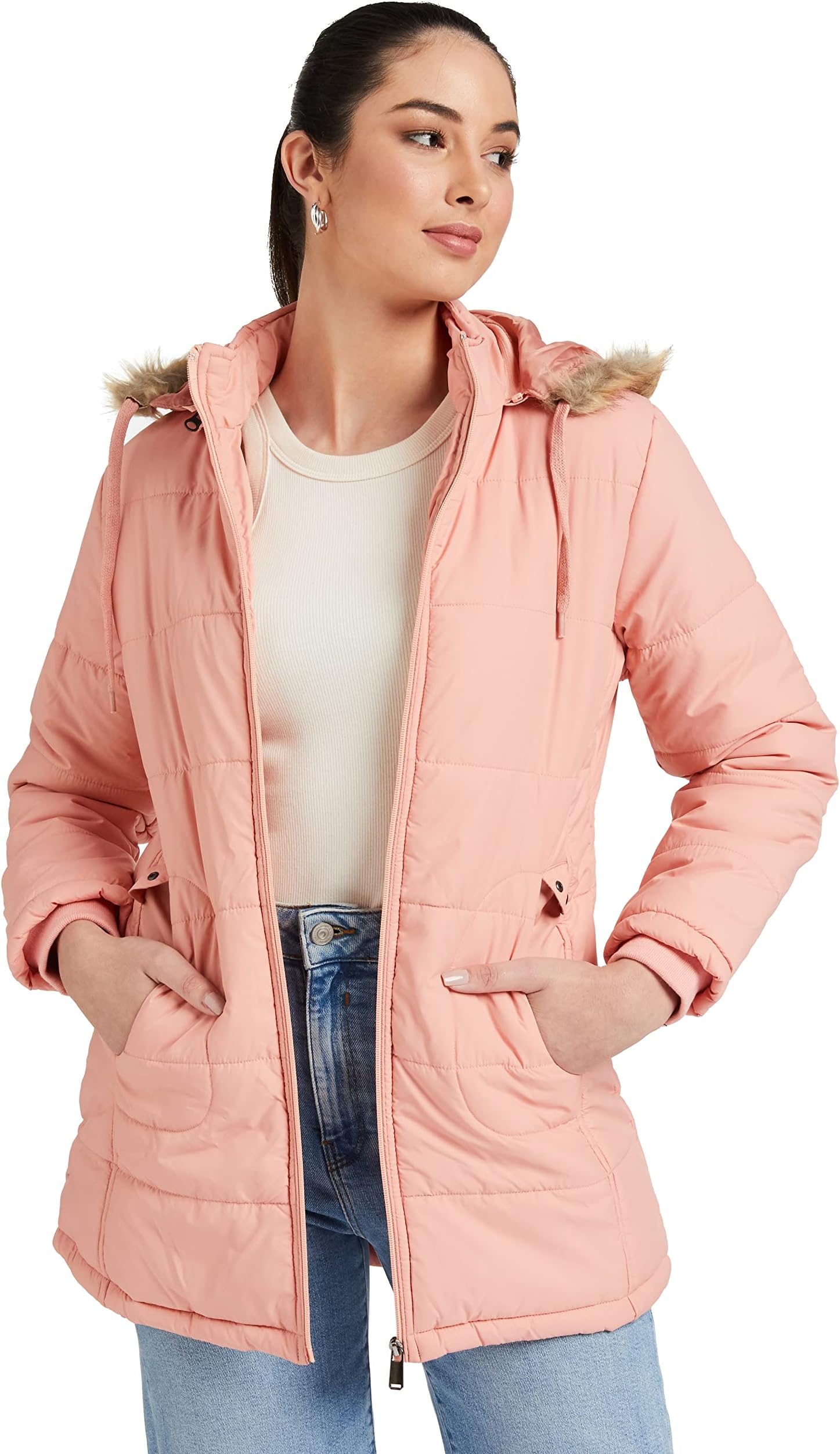 Qube By Fort CollinsWomen's Long-Length- Nylon Bomber Jacket with Detachable Hood Stylish Winterwear for All-Day Comfort