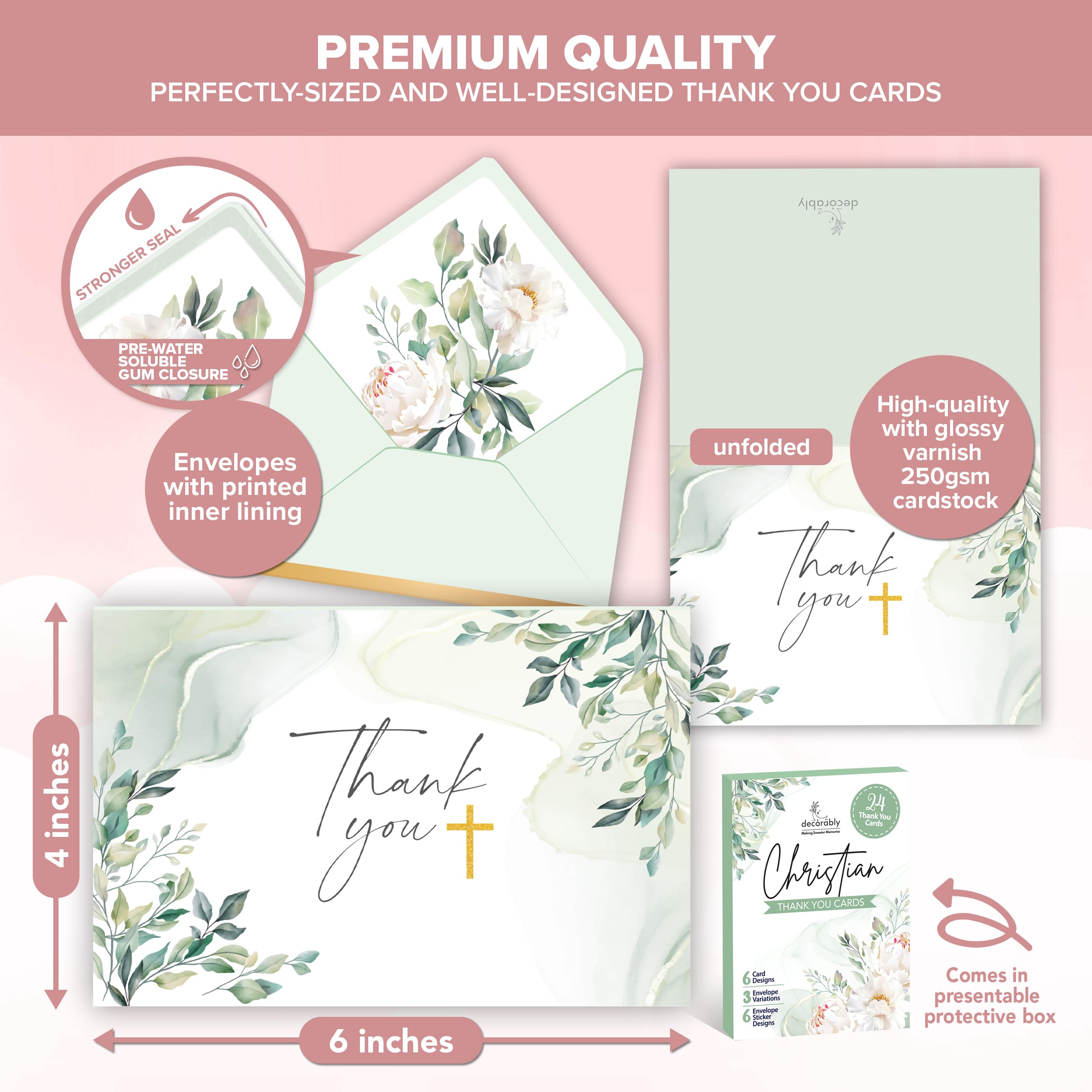 Decorably 24 Pack 6x4in Christian Thank You Cards with Envelopes and Stickers, 6 Designs Religious Thank You Cards - Image 3