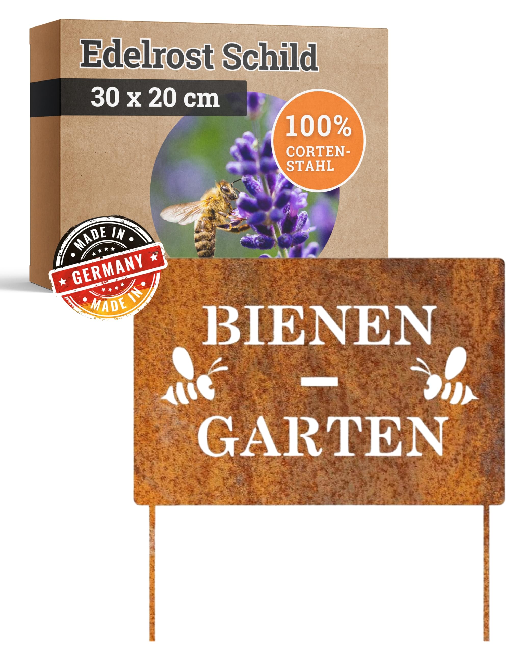 Feuerfest 123 GmbH Deko-Schild Bienen-Garten I 30x20 cm I Stilvoller Gartenstecker aus robustem 1 mm Cortenstahl I Hochwertige Edelrost-Gartendeko I Langlebiges Garten-Schild aus präziser Handarbeit