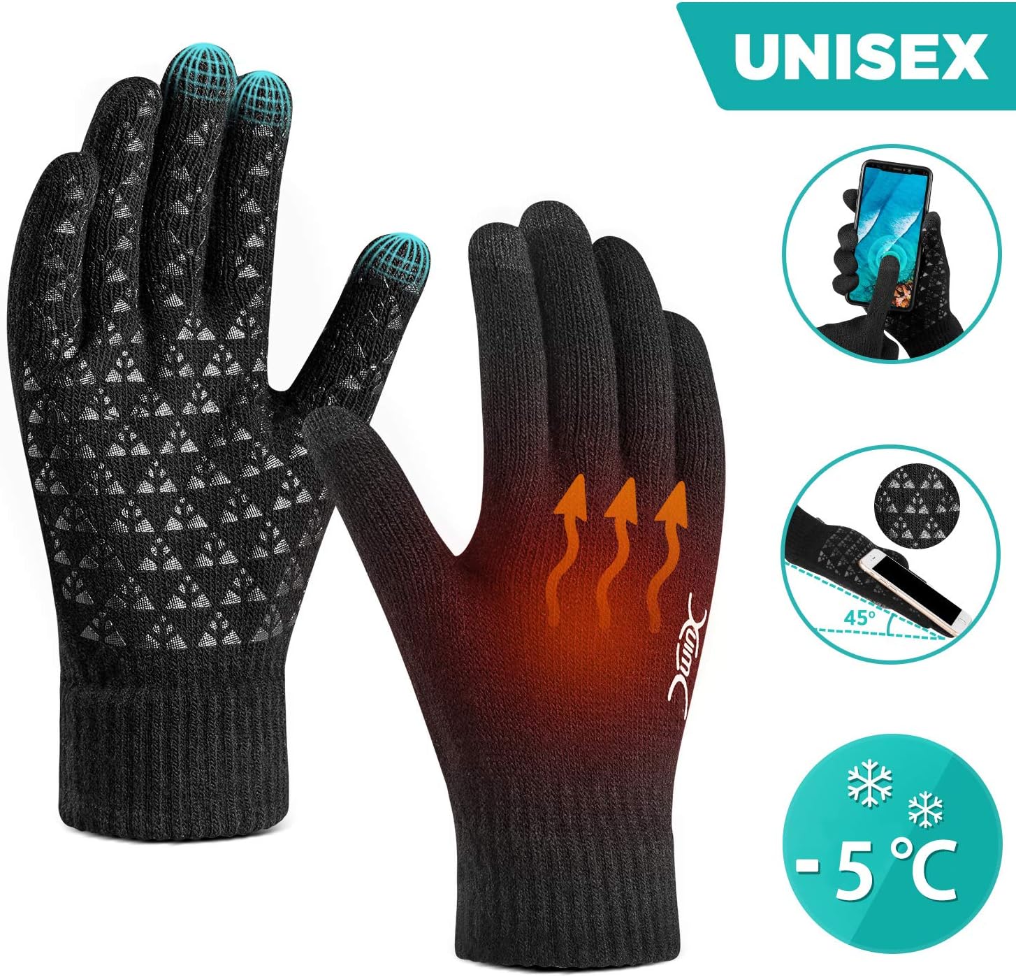 Winter Gloves for Men Women Touch Screen Glove with Warm Thermal Soft Lining Elastic Cuff Triangle Anti-Slip Silicone for Texting Game Running Snowing Outdoor Shooting Motorcycle Cycling Bike Sports