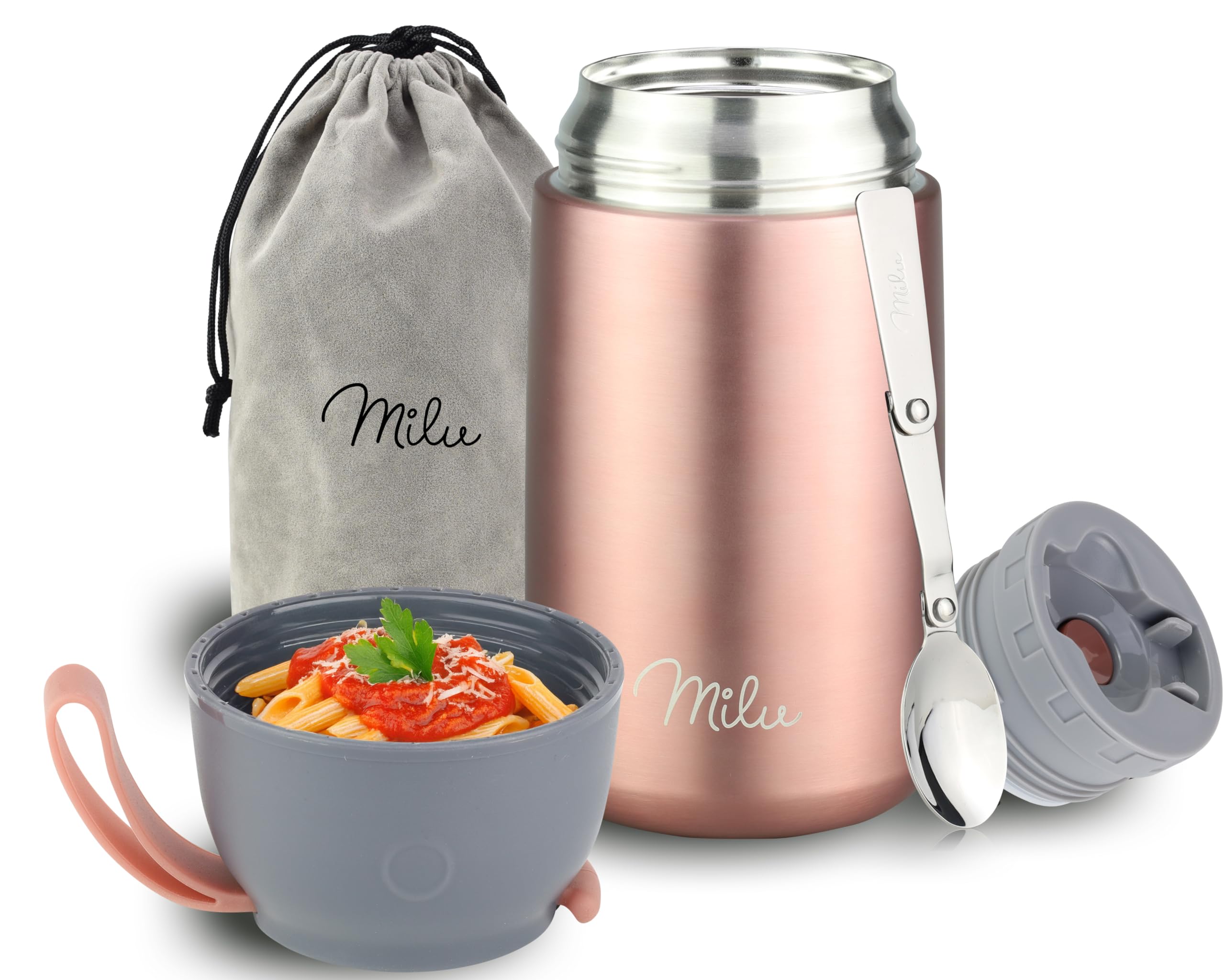 Milu Food Flask for Hot Food - 800ml Leakproof Insulated Stainless Steel Thermal Lunch Box, Soup Container with Spoon, BPA-Free, To go Meal Prep, Porridge (Rose Gold, 800ml)