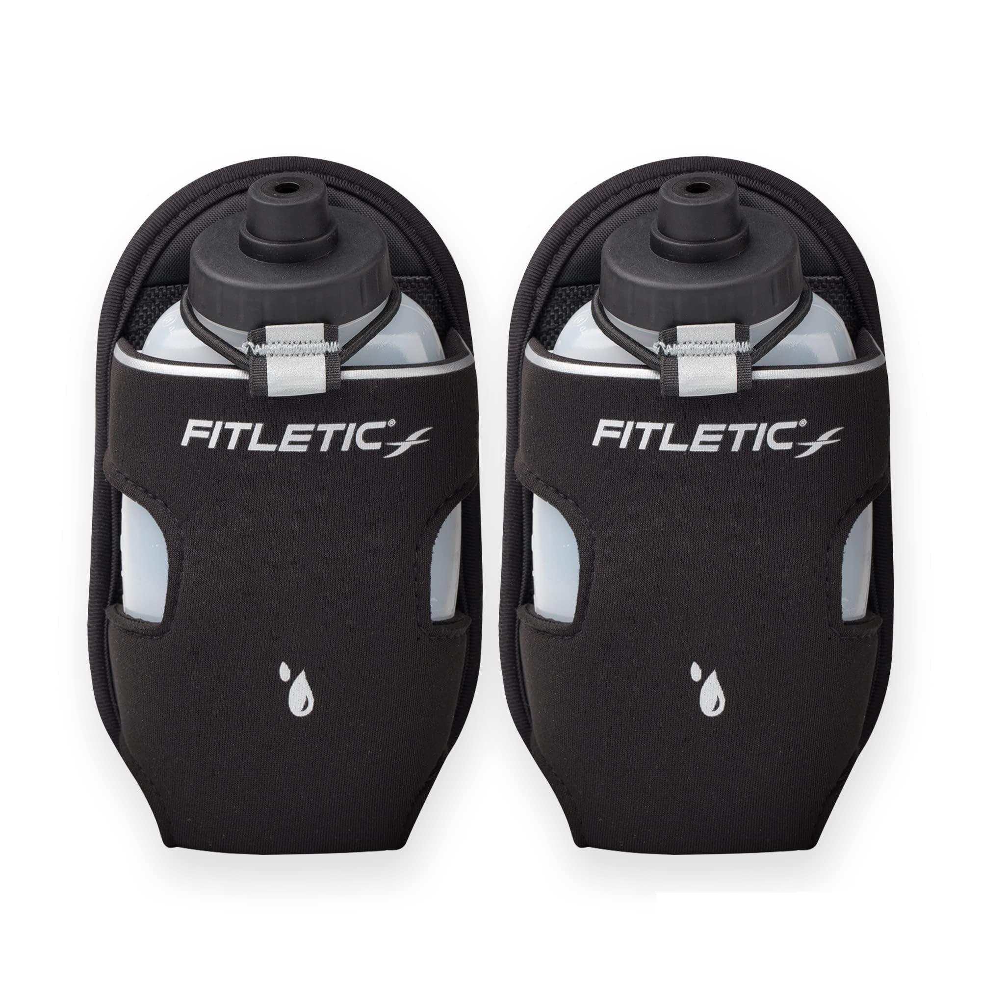 Fitletic - Extra Mile Holster Bottle Add-On, Water Bottle Holder with Clear Water Bottle for Running Belt, Hydration (Black Cap, 2x 8 Oz)