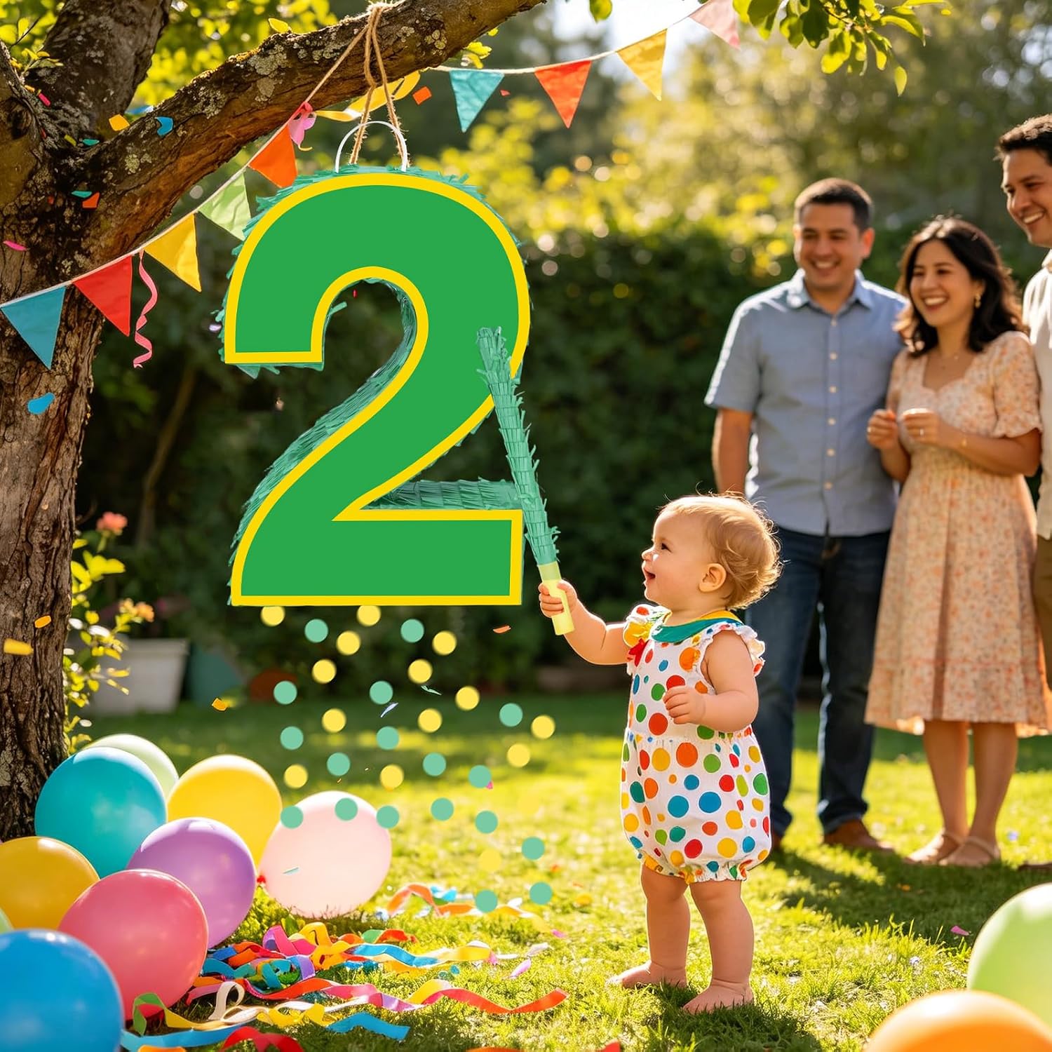 15.7" Yellow Green Number 2 Pinata, 2nd Birthday Party Decorations with Stick Blindfold Confetti for Boys Girls Yellow Green Theme Birthday Baby Shower