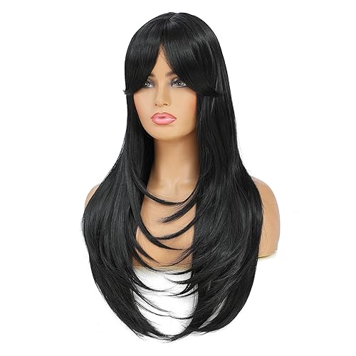 Miniatura 4 de SWACC Peluca de pelo sintético con flequillo largo en capas para mujeres con gorra de peluca (negro)