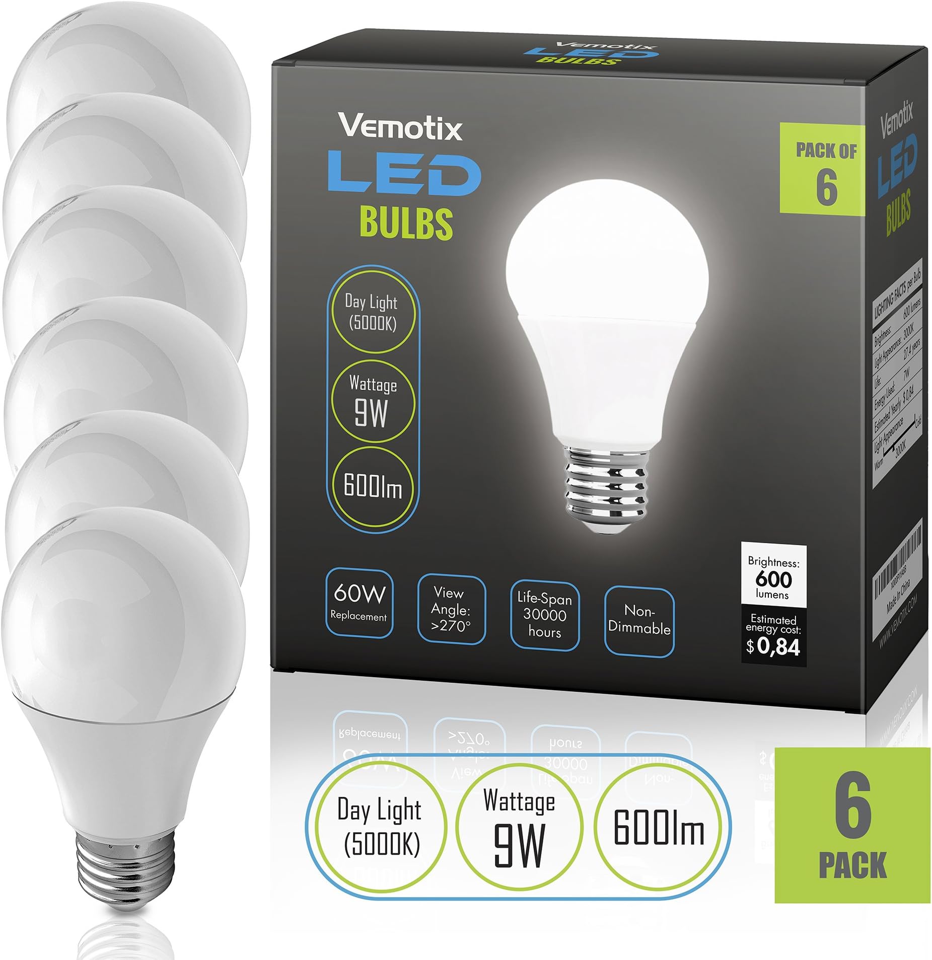 LED Light Bulbs A19 - Daylight 5000K - 60 Watt Equivalent (Pack of 6)