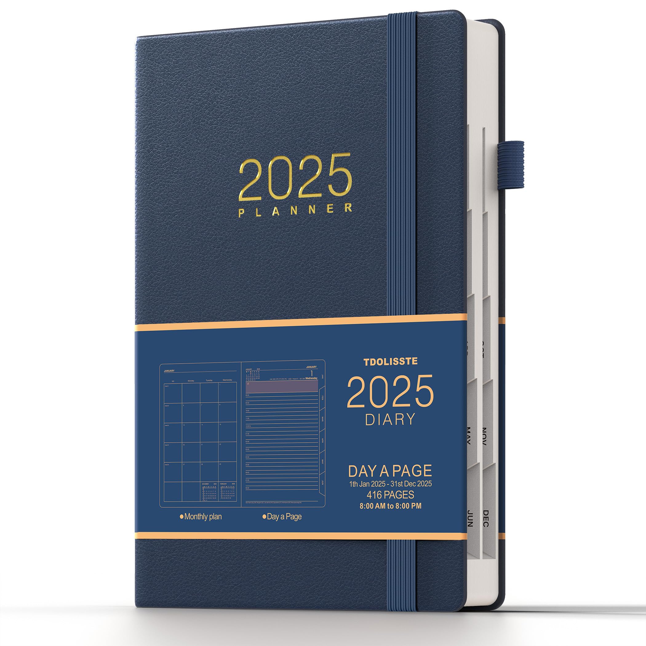 TDOLISSTE - Academic Diary 2025 Day to Page A5 Planner (365-page daily plan and 24-page monthly plan), Pen Loop and Inner Pocket, Elastic Closure, HardCover (Blue)