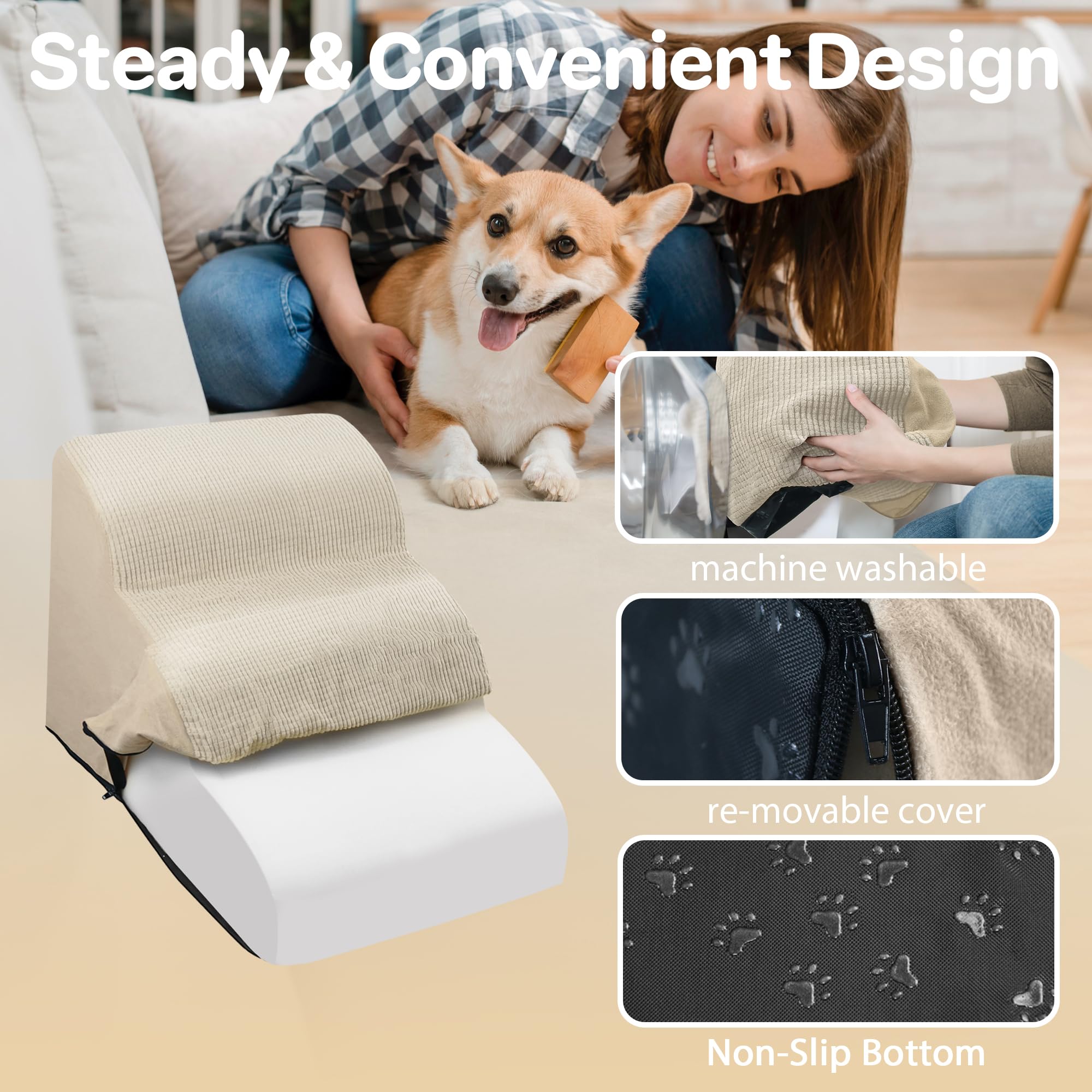 Rampa per cani a 3 gradini per cani e gatti di piccola taglia, giallo paglia, scala per animali domestici per divano e letto, in schiuma antiscivolo, con copertura rimovibile e lavabile, set di rulli