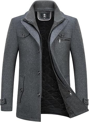 KUDORO Mens Wool Blend Trench Coat Slim Fit Overcoat with Detachable Stand Collar Single Breasted Classic Dress Coat