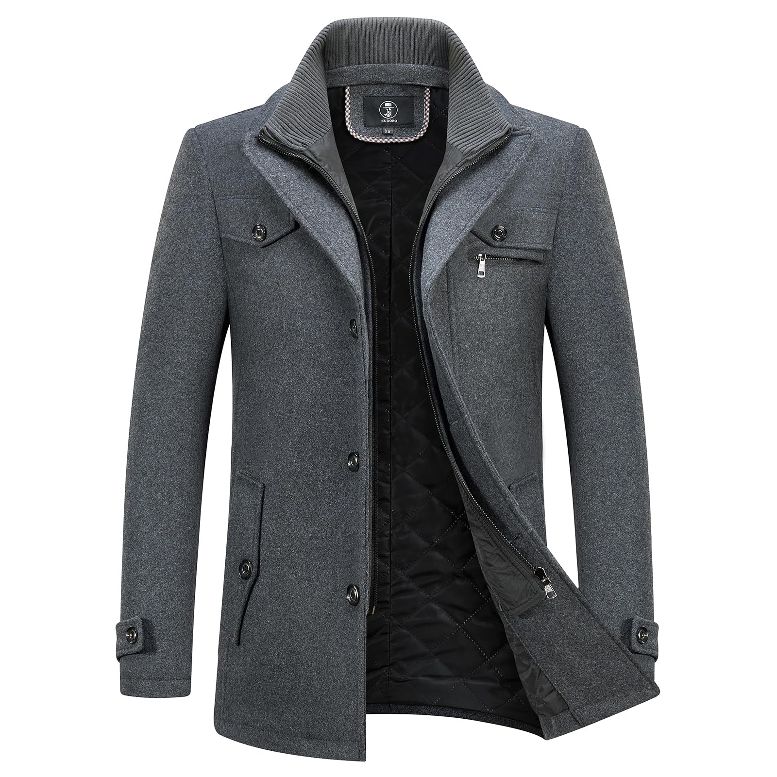 Men's Wool Blend Trench Coat Slim Fit Overcoat with Detachable Stand Collar Single Breasted Classic Dress Coat