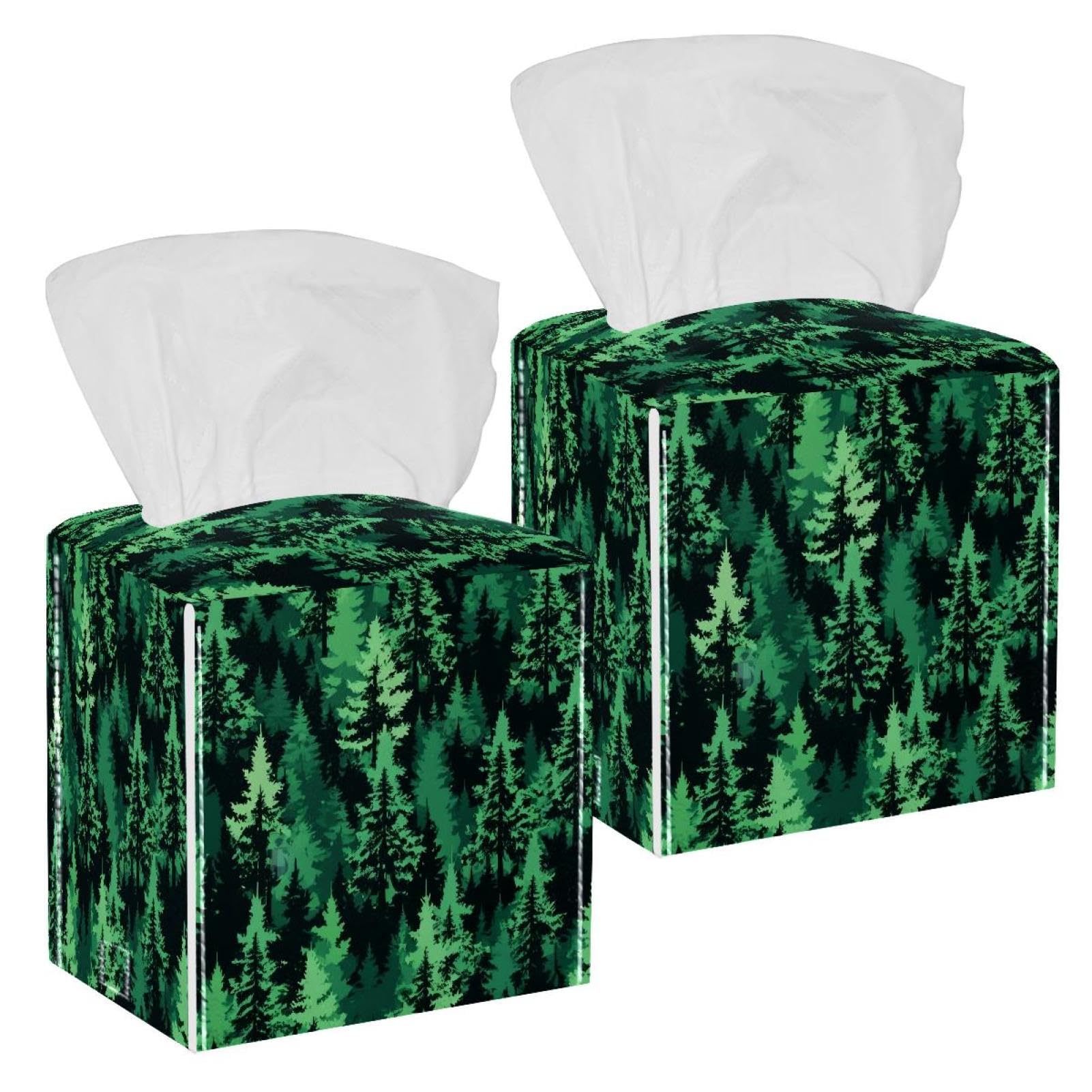 Pine Forest Tissue Box Cover, 2 Pack PU Leather Square Facial Tissue Dispenser Box holder for Home Office Car