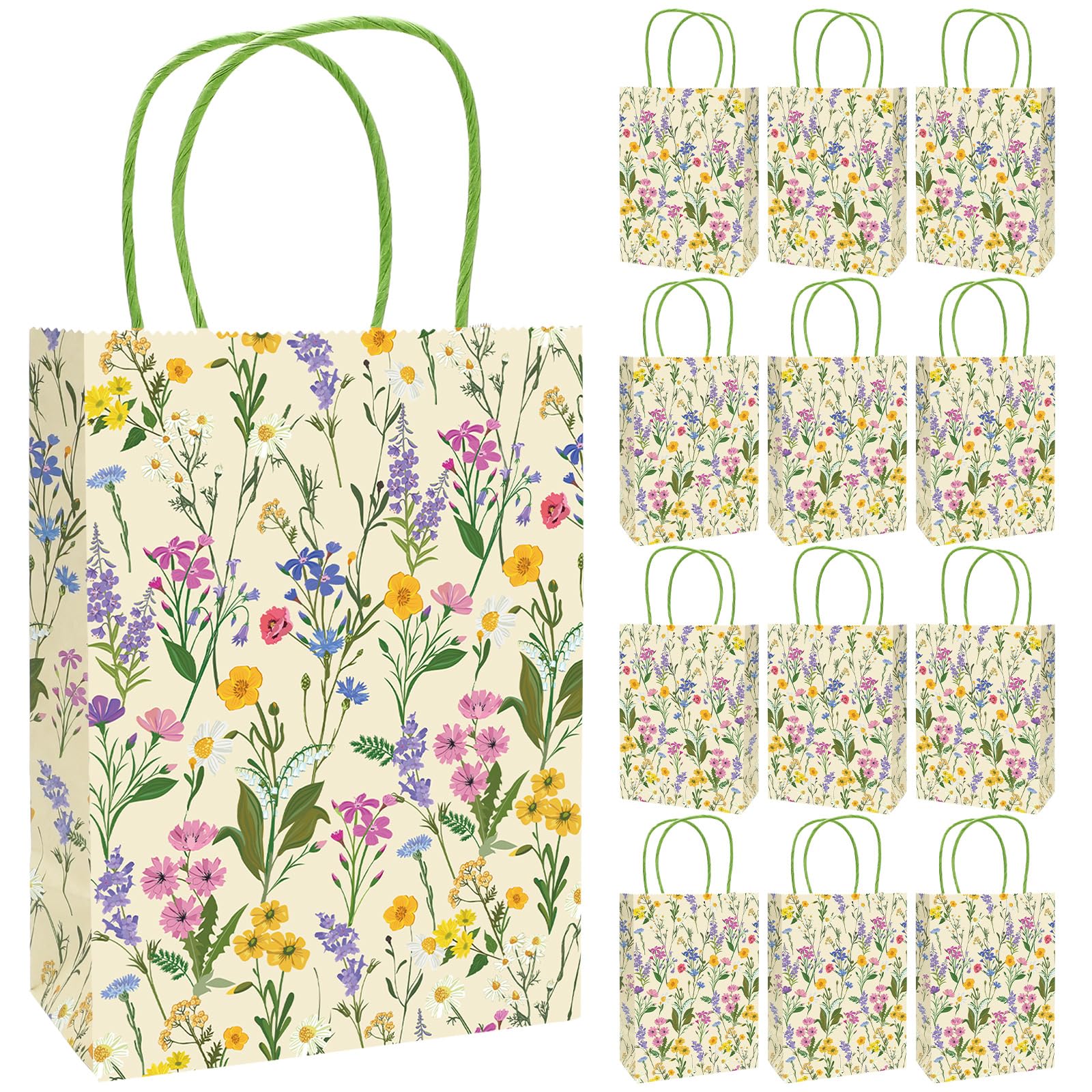 FYSUIMU Wildflower Paper Bags Floral Treat Bag with Handles Candy Goodie Bags Grocery Shopping Bag for Birthday Wedding Party Favors Supplies, 16Pcs