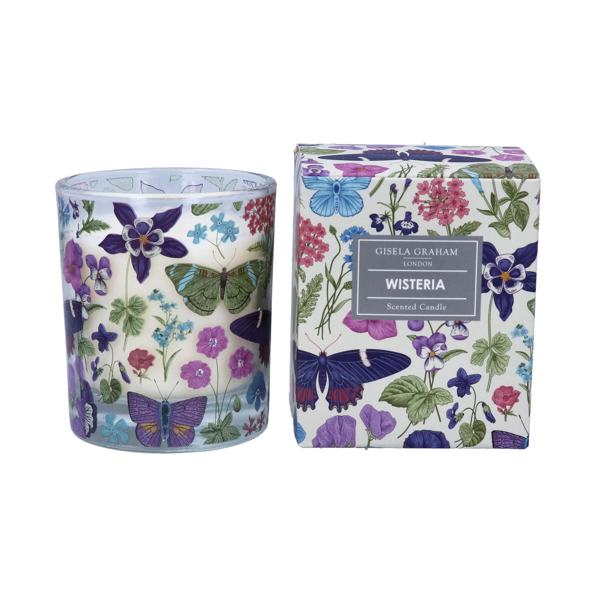 Gisela Graham Wisteria Scented Candle, Butterfly & Floral Pattern, 8cm Diameter