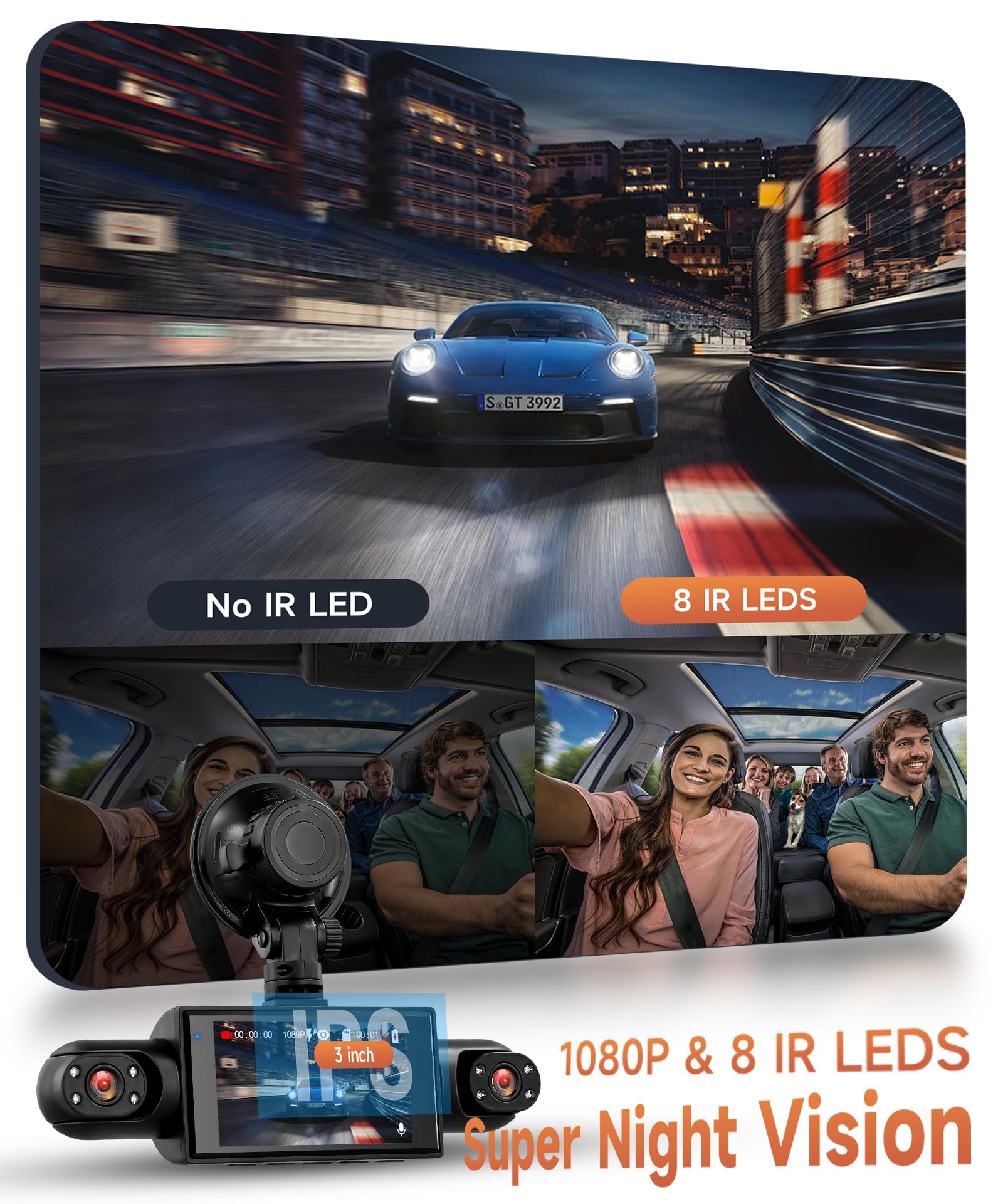 Rimoody 4 Canali Dashcam Auto 360°, 4 Telecamera HD 1080P Anteriore e Posteriore Sinistra Destra, 3 Pollici IPS Schermo Dash Cam con Visione Notturna 8 IR/Loop Video/24H Parcheggio Monitor