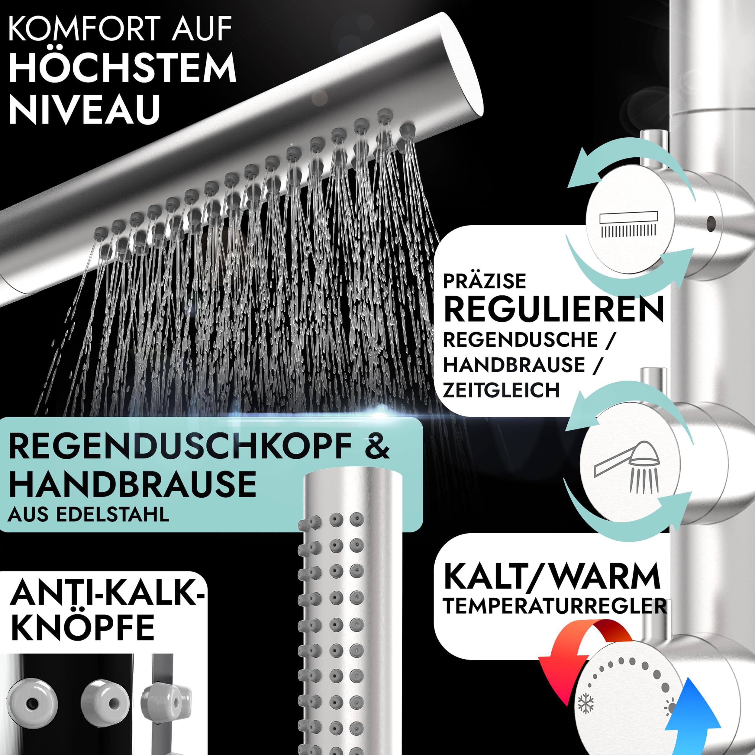 Außendusche Gartendusche V2A 304 Edelstahl Warm Kalt mit Handbrause Sauna Dusche für Warmwasser- Kaltwasseranschluss Pooldusche Garten Aussendusche Schwimmbaddusche
