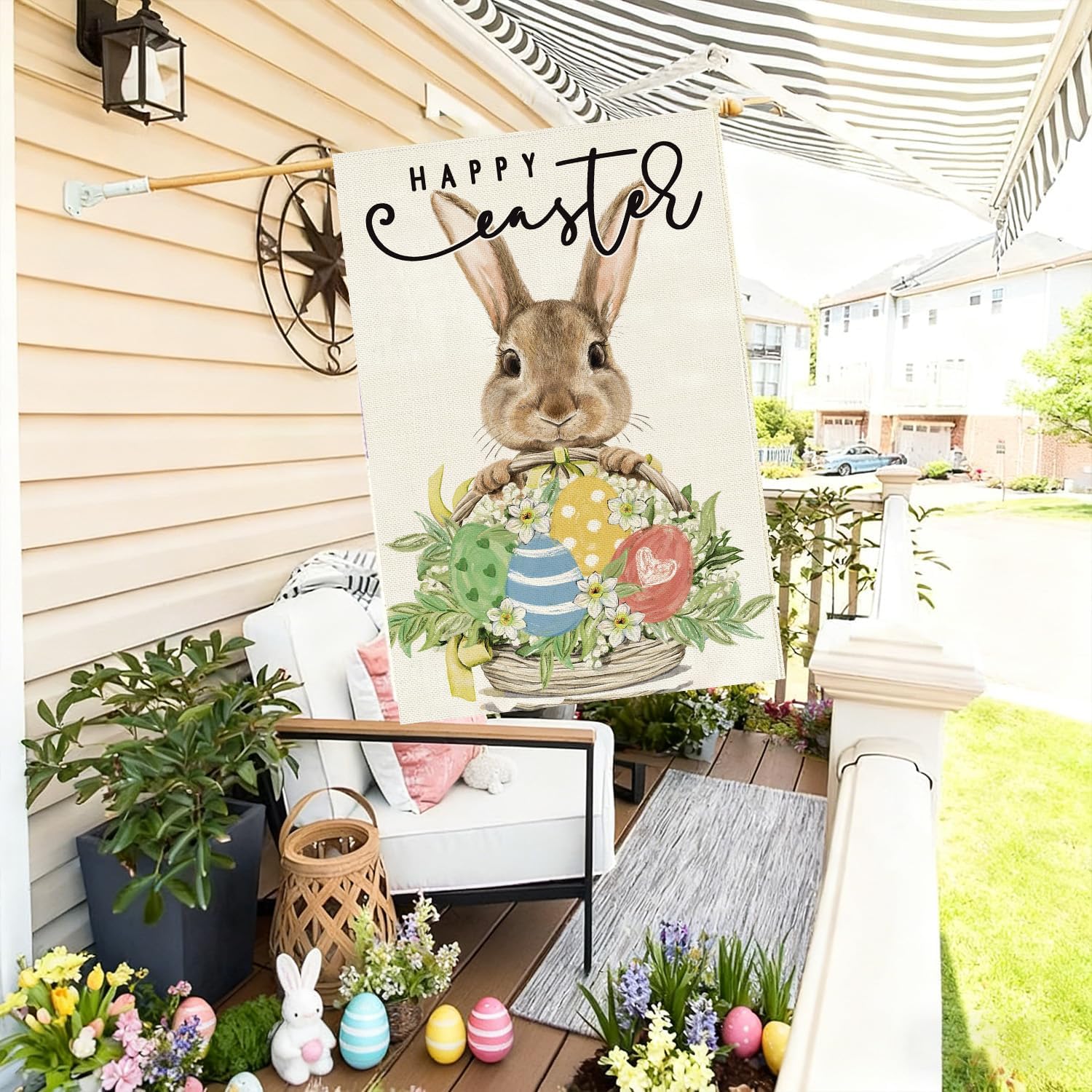 Baccessor Happy Easter House Flag 28 x 40 Inch, Double Sided Burlap Bunny Rabbits Laurel Colorful Eggs Basket Floral Farmhouse Large Yard Flag Seasonal Holiday Spring Easter Outdoor Decor - Image 5