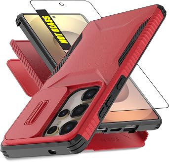 for Samsung Galaxy S25 Ultra Case, with 1 HD Screen Protector & Slide Camera Cover [Military-Grade] Phone Case Heavy Duty Rugged Shockproof Protective Cover for Galaxy S25 UltraRed