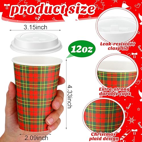 Miniatura 2 de 150 vasos de papel a cuadros de Navidad, tazas de café desechables con tapas, tazas de Navidad, suministros de barra de café para chocolate