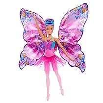 Barbie – Ali Scintillanti, bambola dai capelli viola, trasformazione 2 in 1 da ballerina a farfalla con ali apribili, cerchietto e tutù rimovibile inclusi, giocattolo per bambini, 3+ anni, HXJ10