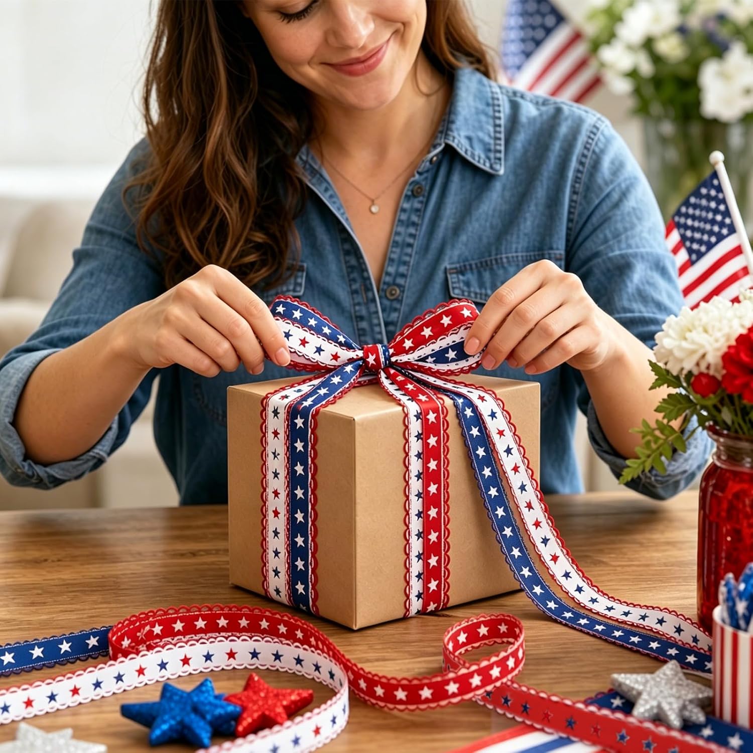 Whaline 6 Rolls Patriotic Jacquard Embroidered Ribbon Trim 30 Yard Star Striped Embroidery Lace Ribbon for 4th of July Independence Day Wreath Bow DIY Crafts Accessories, 5/8"