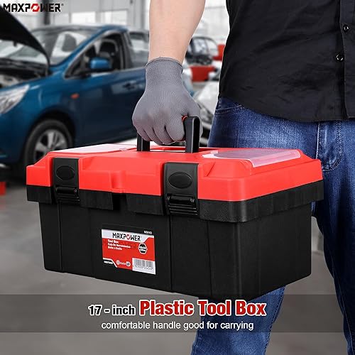 Miniatura 7 de MAXPOWER Caja de herramientas de 17 pulgadas, pequeña caja de herramientas de plástico con asa, bandeja extraíble y pestillos con cerradura