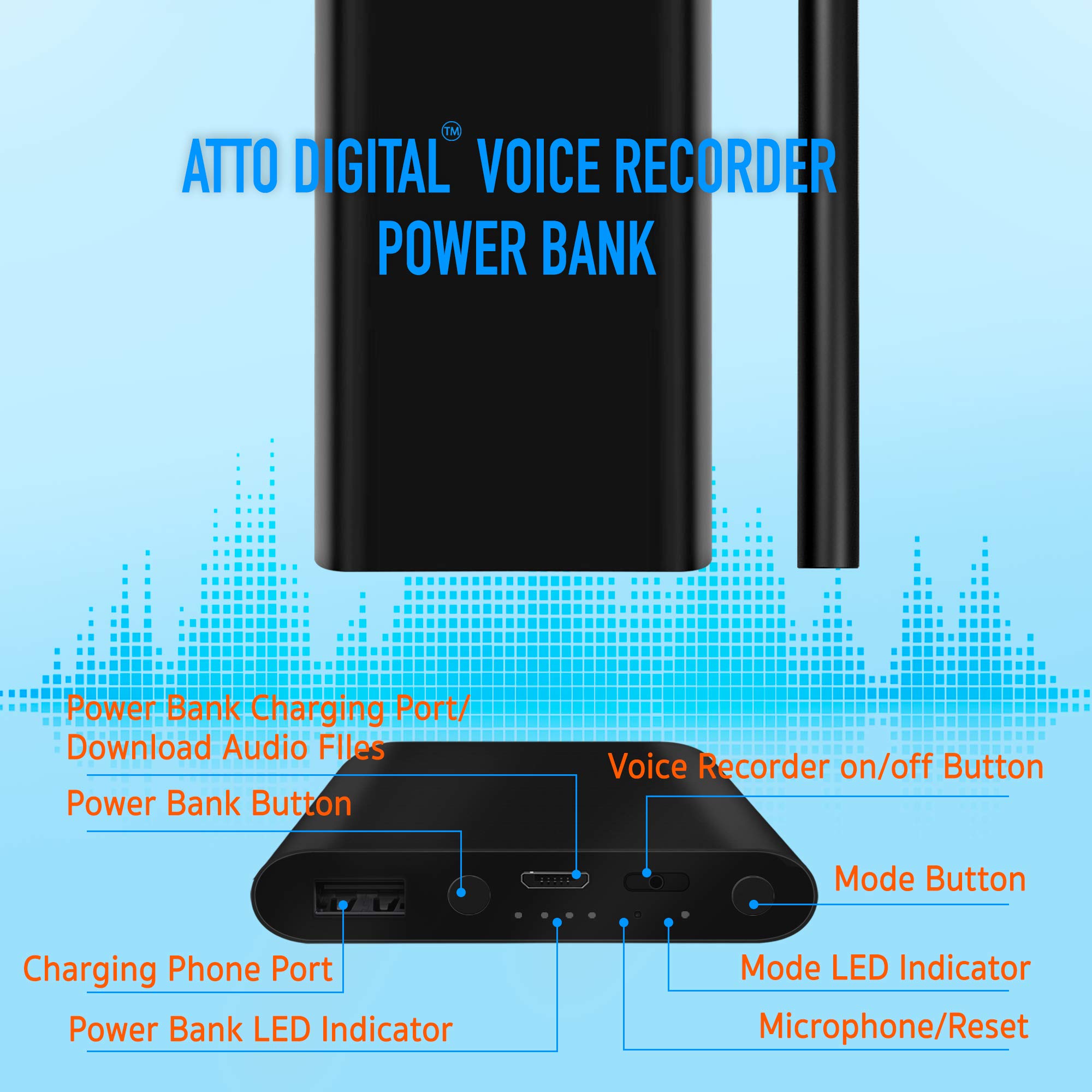 Registratore Vocale per 14 Giorni di Registrazione - 5000 mAh Batteria - Audio Registratore ad Attivazione Vocale - 380 ore Capacita - PoweREC di Atto Digital
