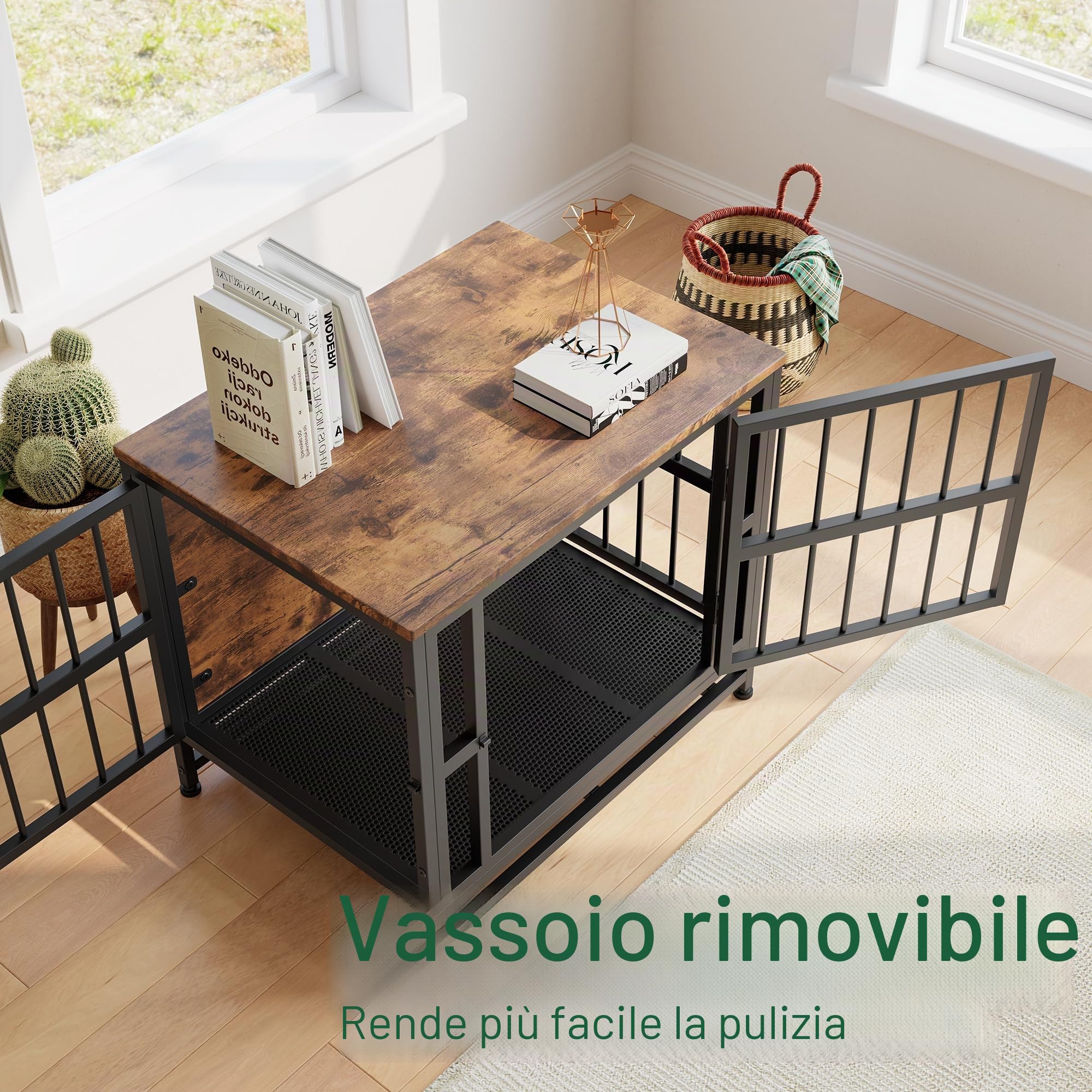 Gabbia per cani in legno robusto con 2 porte, vassoio rimovibile, tavolino resistente alla masticazione, marrone rustico 70 cm