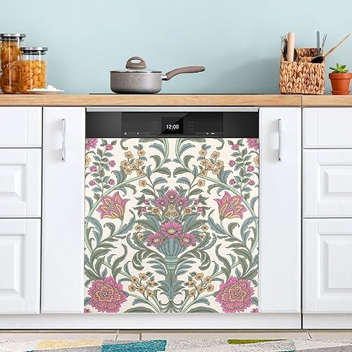Kigai Cubierta magnética decorativa para lavavajillas de estilo floral retro, cubierta magnética para lavaplatos, cubierta de puerta delantera,