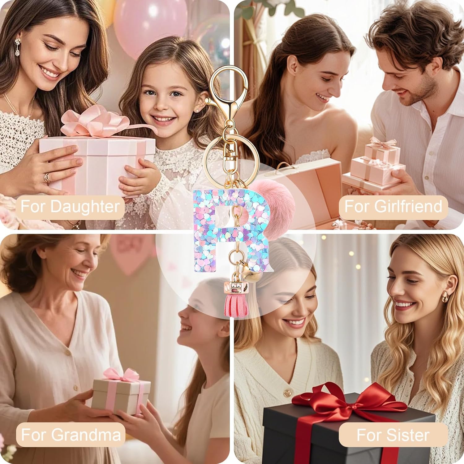 Resin Alphabet Initial Letter Keychain Keyring for Women Purse Handbags With Fur Ball Pom - Image 4