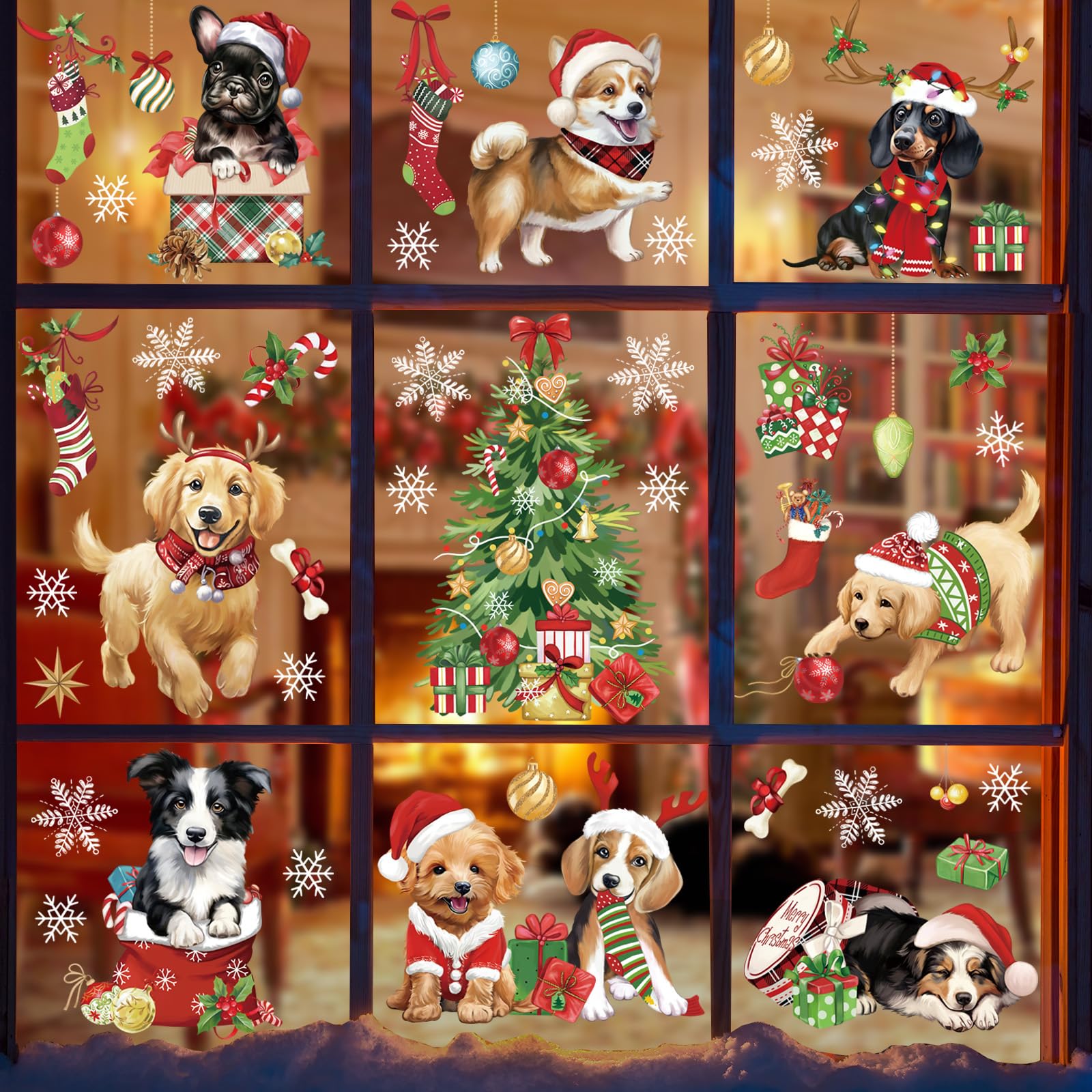 Wondever Christmas Dog Puppy Window Clings - Pet Dogs Christmas Tree Glass Sticker Decal, Anti-Collision Double-Side Static Decals for Christmas Party