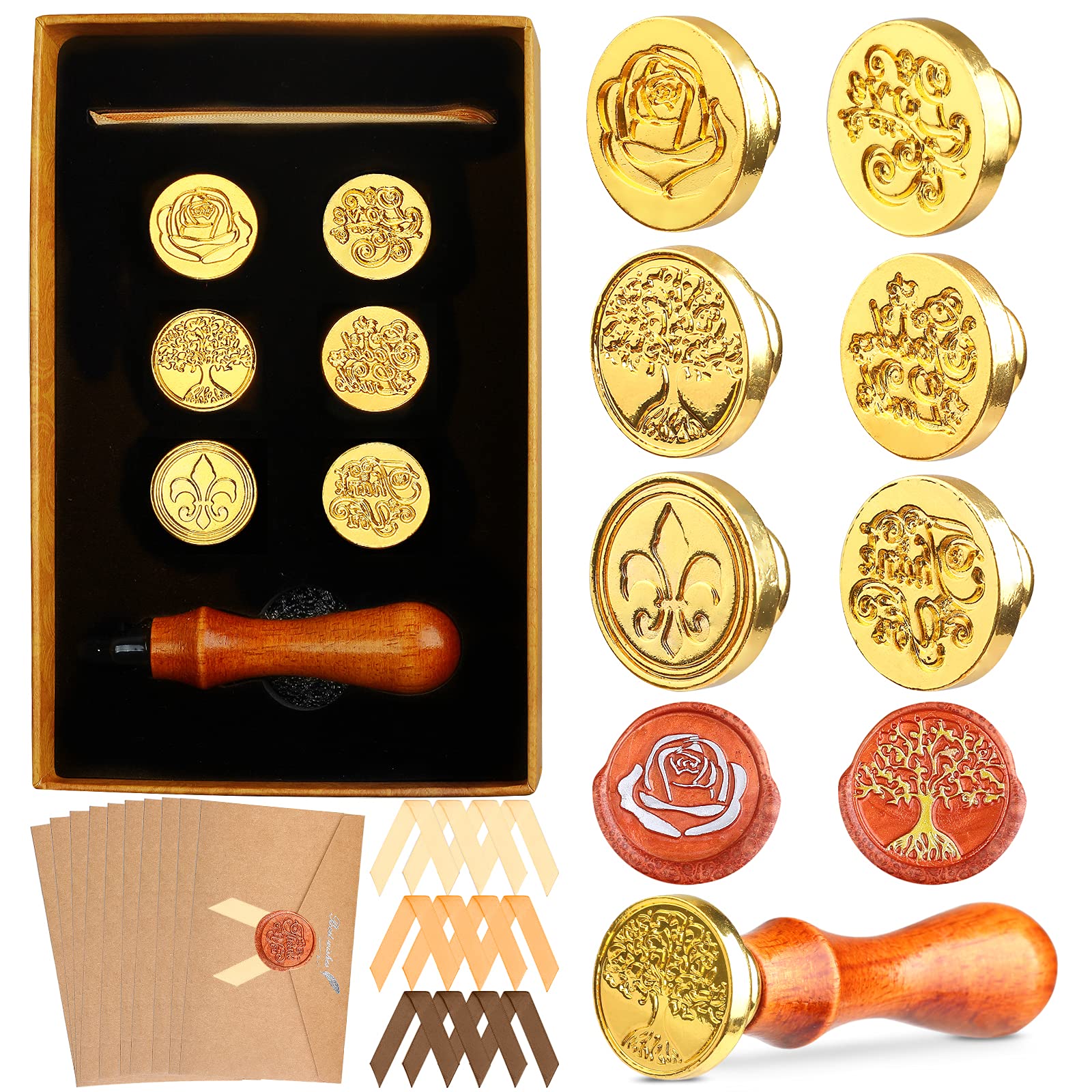 Photo 1 of ****NEW*** OPEN BOX****

Wax Seal Stamp Set, Wax Envelope Seal Stamp Kit, Seal Wax Stamp Include Rose, Iris, Tree of Life, Love, Good Luck, Thank You Wax Seal Stamp with Wax Envelope Seal, Satin Ribbon