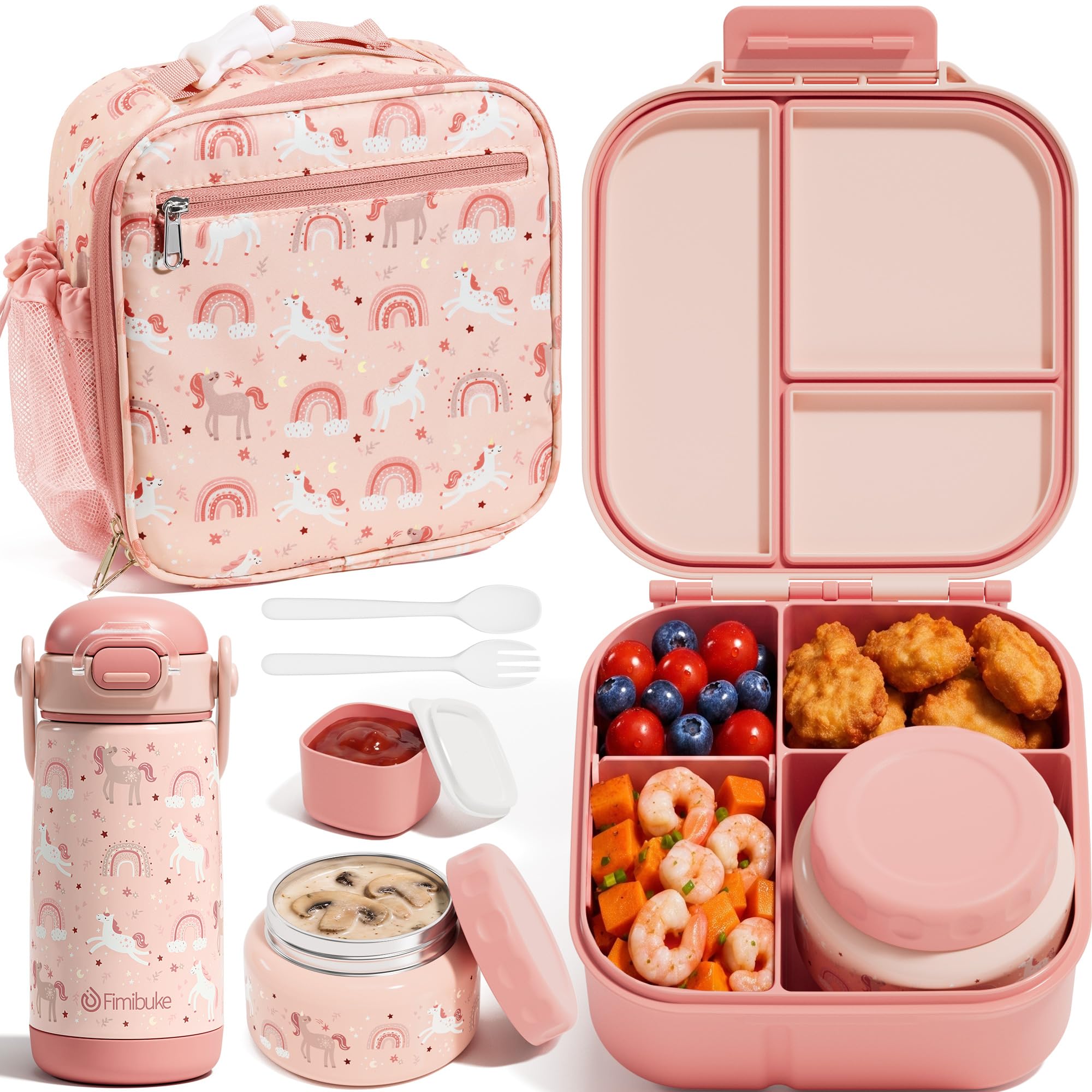 Fimibuke Kids Bento Lunch Box w/Insulated Water Bottle, Lunch Bag &amp; Thermo