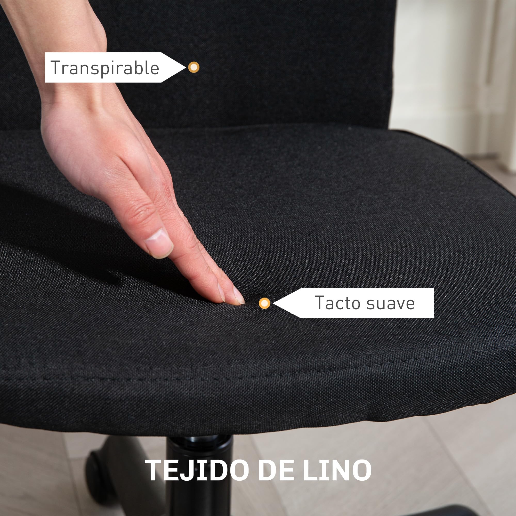 HOMCOM Silla de Escritorio sin Brazos Giratoria Altura Ajustable Negro | Silla de Oficina, Tapizado en Lino Sintético, para Estudio Dormitorio Tocador, Carga 120 kg
